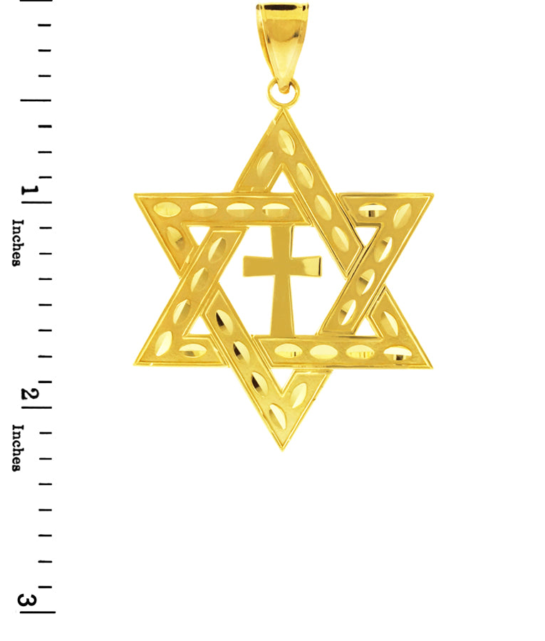Yellow Gold Jewish Star of David Cross Pendant (L) 2.2", view 3