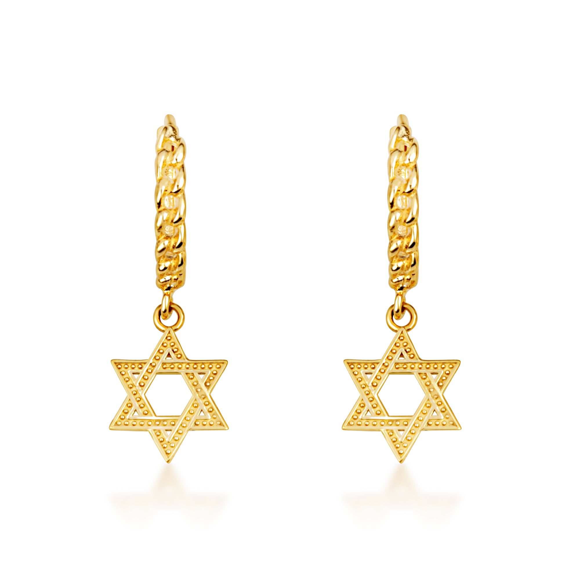 Yellow Gold Jewish Star Of David Textured Cuban Link Huggie Hoop Earrings