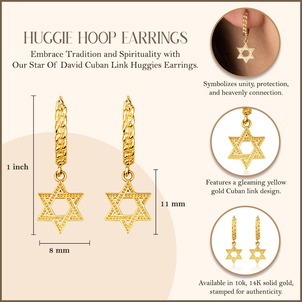 Yellow Gold Jewish Star Of David Textured Cuban Link Huggie Hoop Earrings, view 3