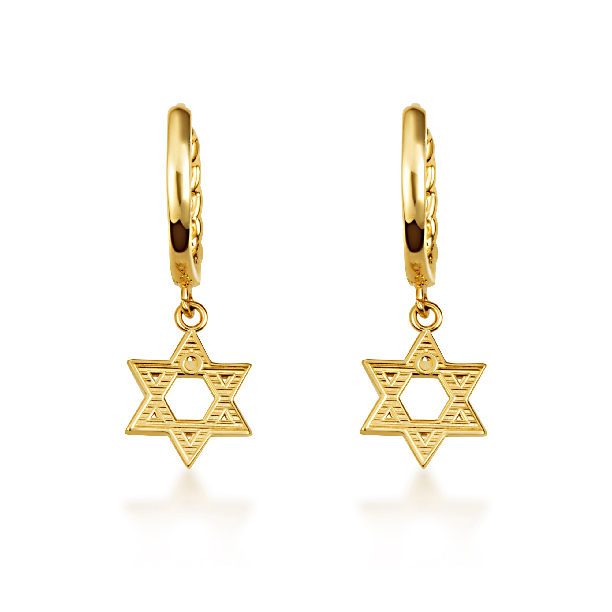 Yellow Gold Jewish Star Of David Textured Cuban Link Huggie Hoop Earrings, view 4