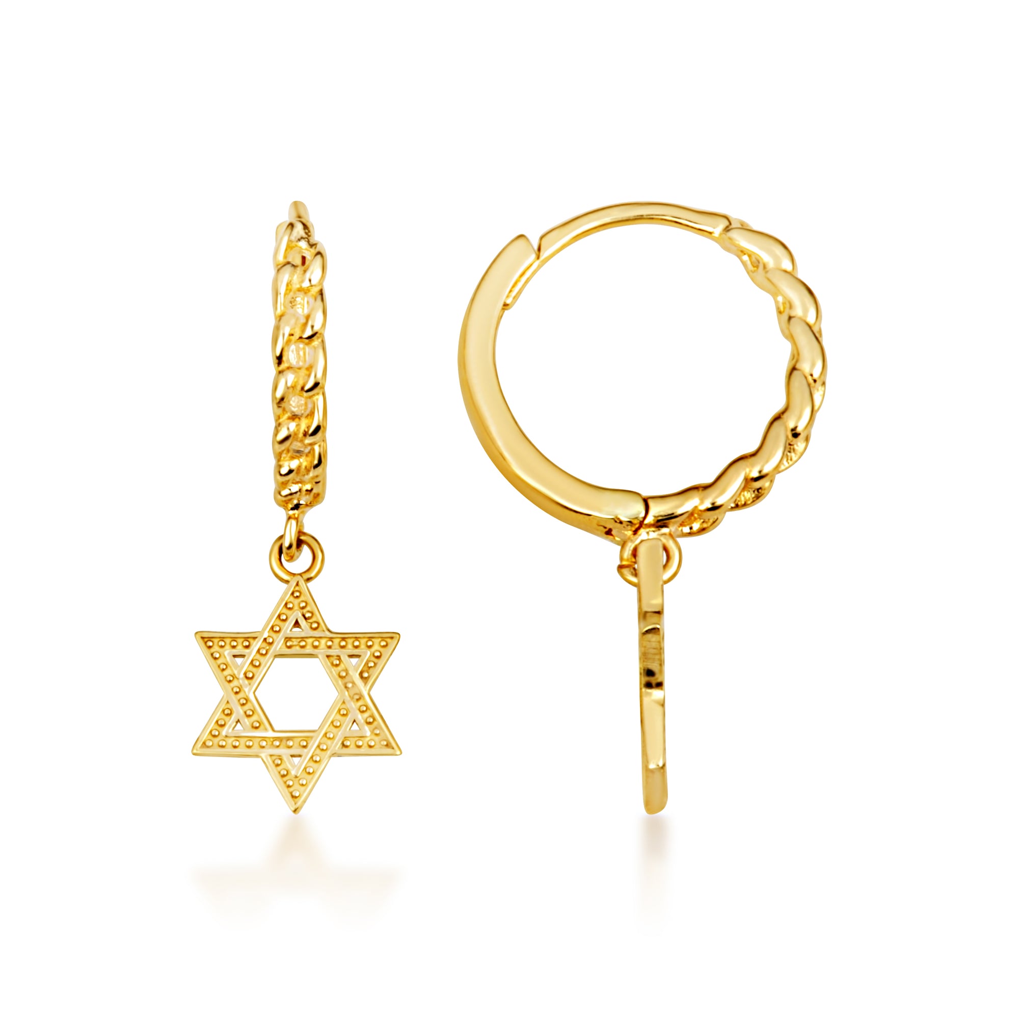 Yellow Gold Jewish Star Of David Textured Cuban Link Huggie Hoop Earrings, view 5