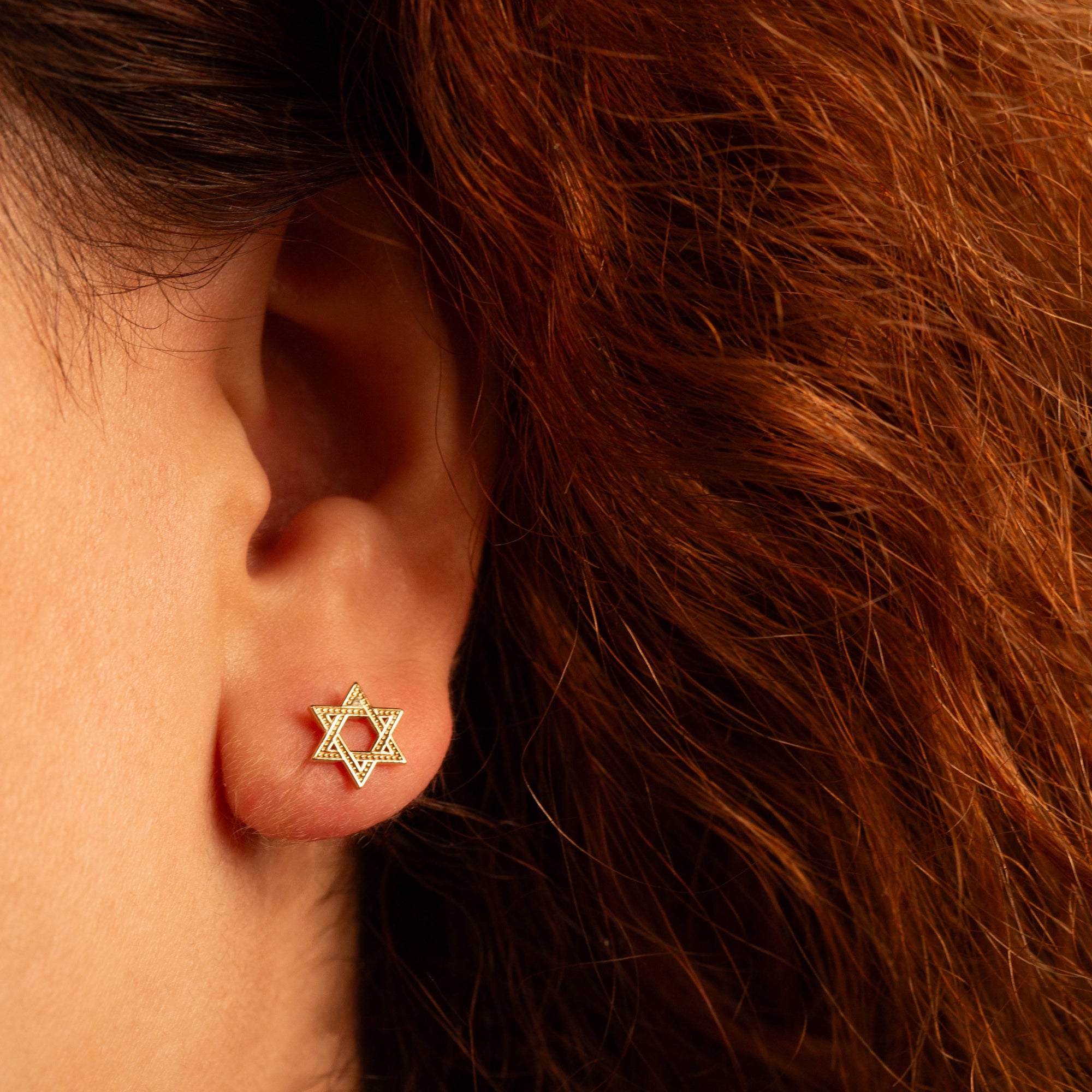 Yellow Gold Jewish Star Of David Textured Stud Earrings, view 2