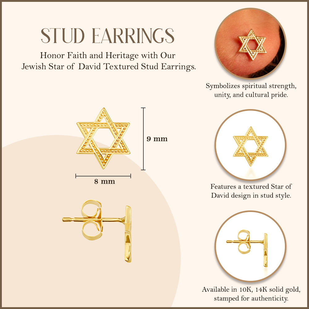 Yellow Gold Jewish Star Of David Textured Stud Earrings, view 3