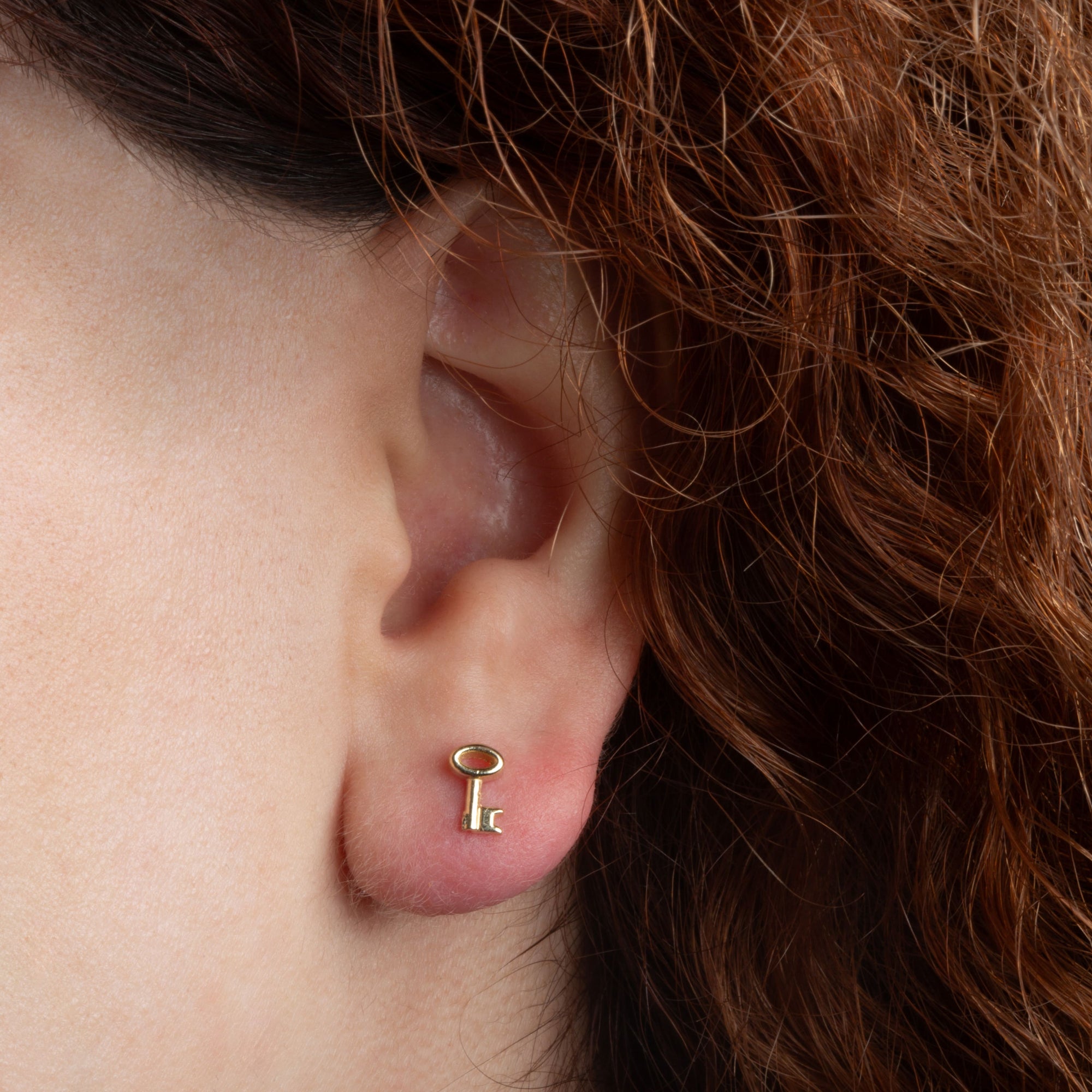 Yellow Gold Key Charm Stud Earrings, view 2