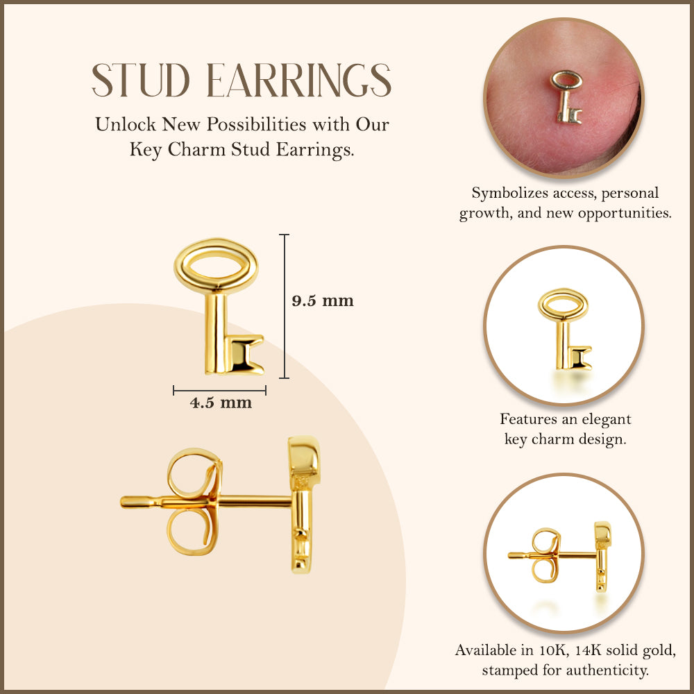 Yellow Gold Key Charm Stud Earrings, view 3