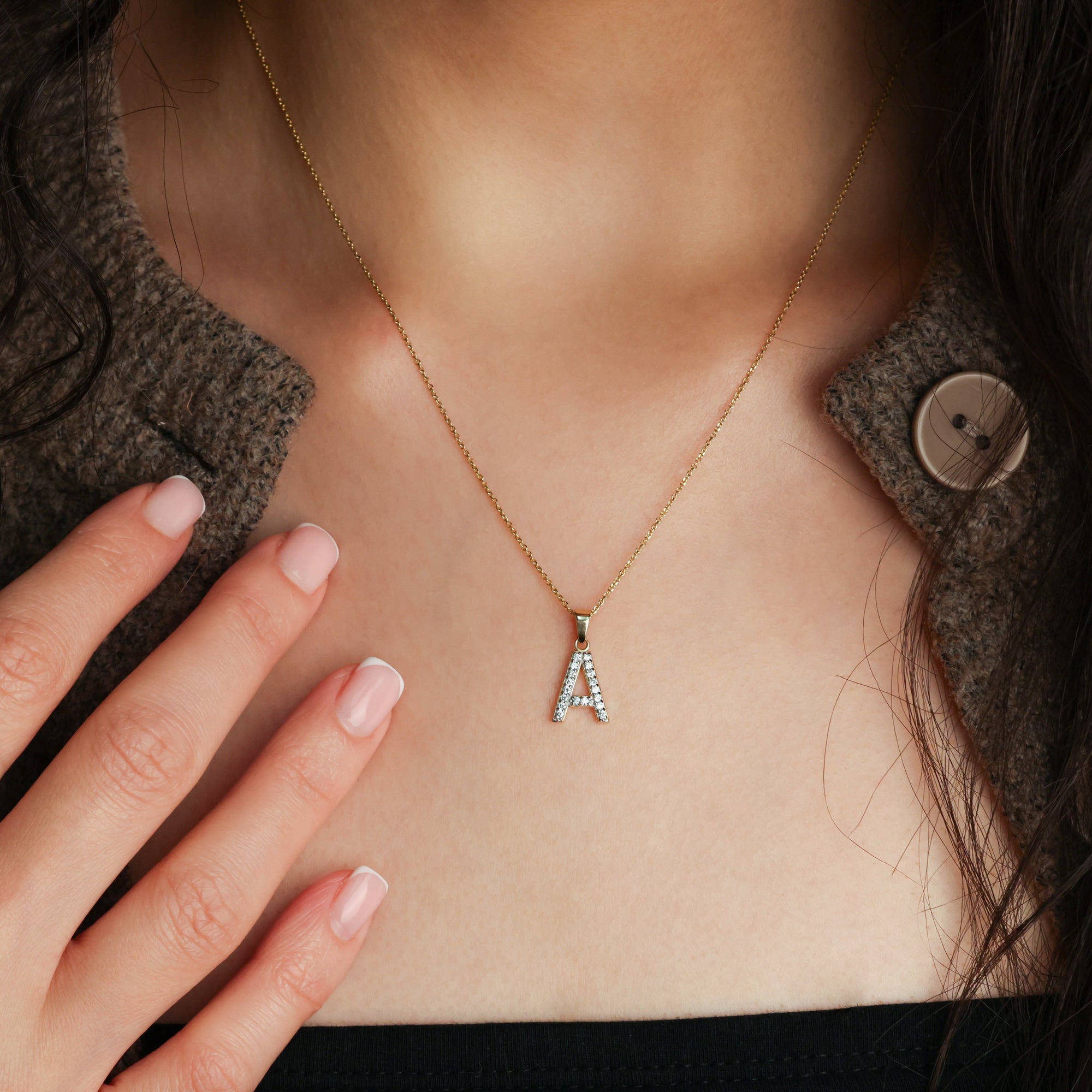 Yellow Gold Letter "A-Z" Initial Lab-Grown Diamond Monogram Pendant Necklace, view 2