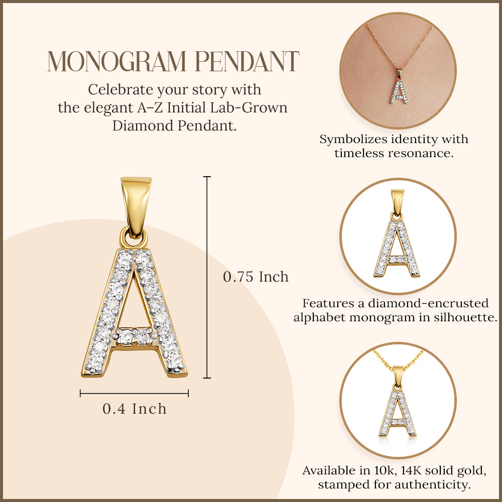 Yellow Gold Letter "A-Z" Initial Lab-Grown Diamond Monogram Pendant Necklace, view 3