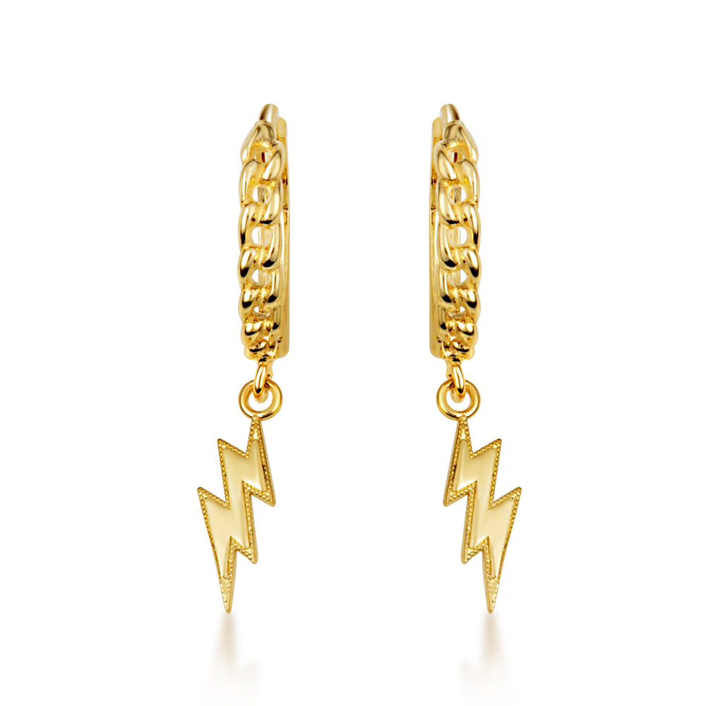 Yellow Gold Lightning Bolt Electric Milgrain Cuban Link Huggie Hoop Earrings