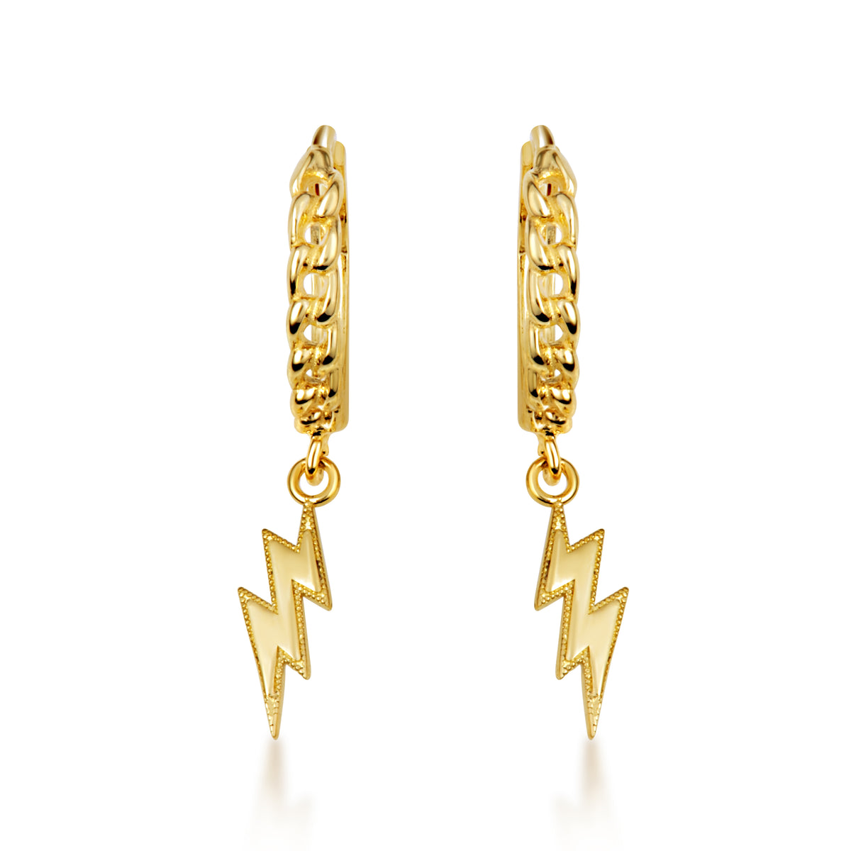 Yellow Gold Lightning Bolt Electric Milgrain Cuban Link Huggie Hoop Earrings