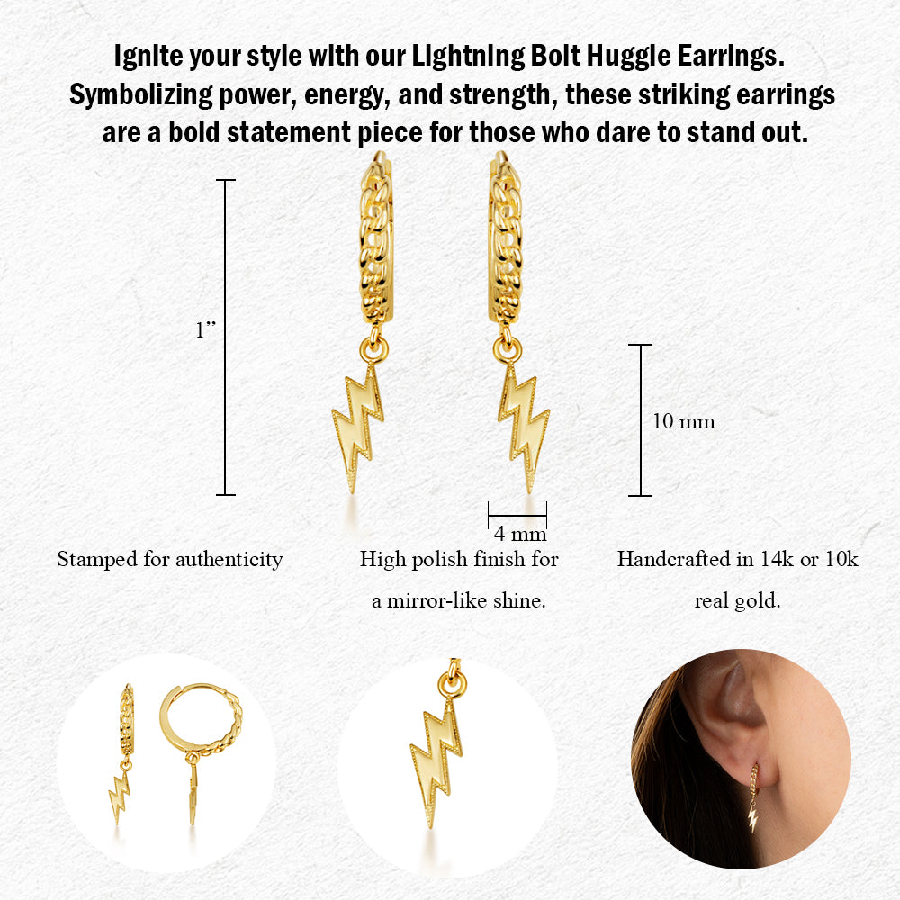 Yellow Gold Lightning Bolt Electric Milgrain Cuban Link Huggie Hoop Earrings, view 3