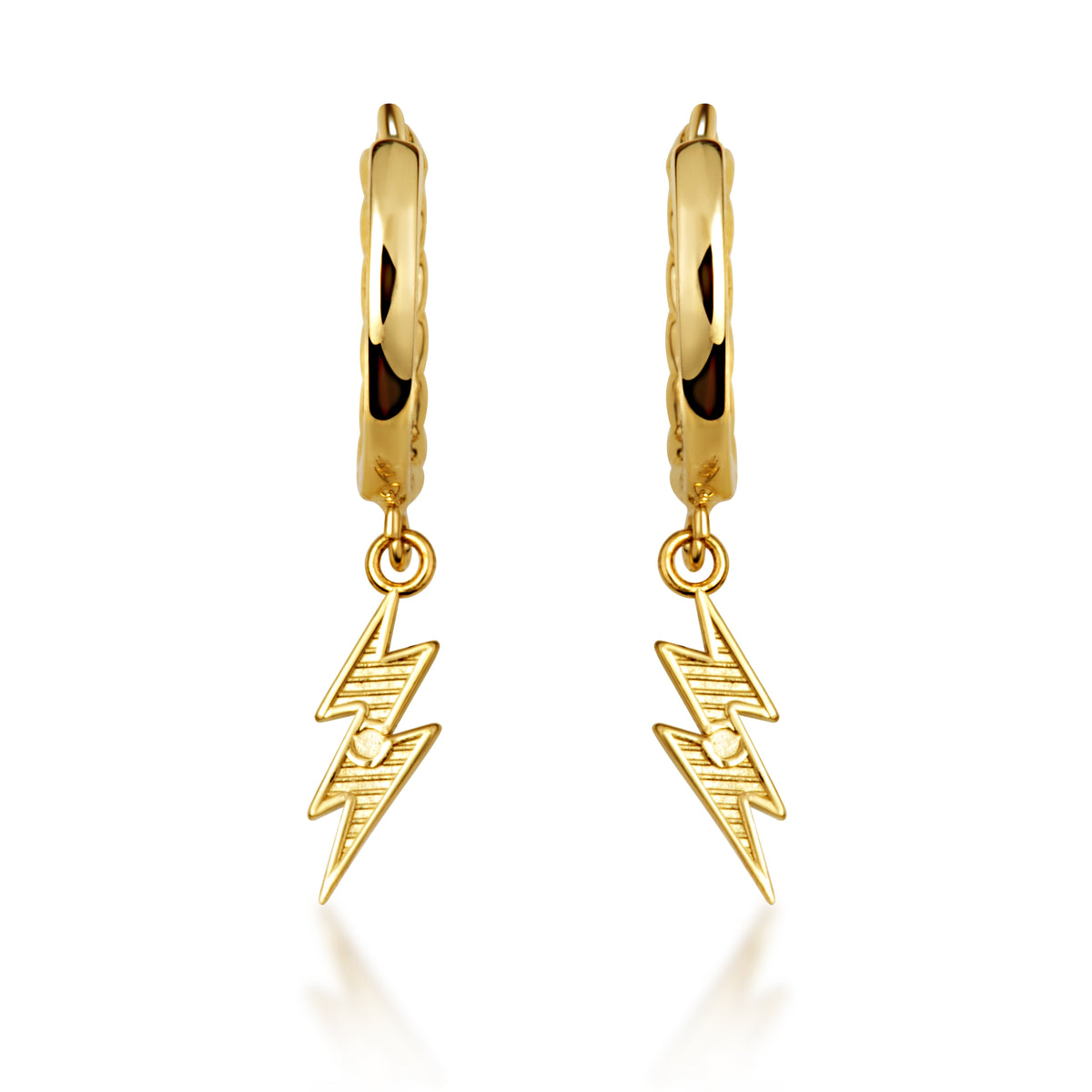 Yellow Gold Lightning Bolt Electric Milgrain Cuban Link Huggie Hoop Earrings, view 4