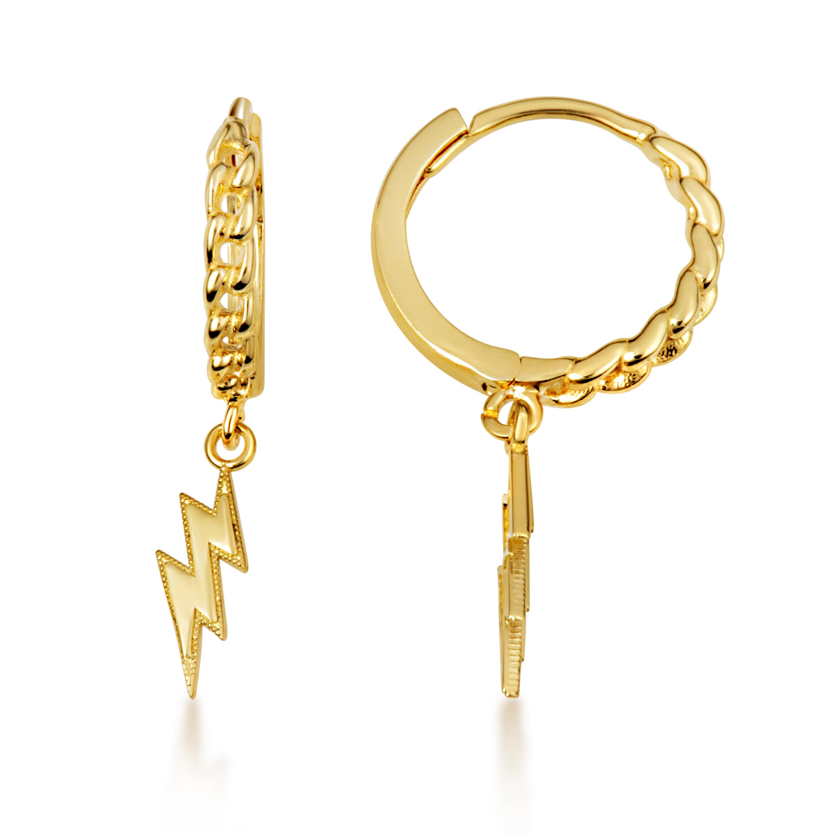 Yellow Gold Lightning Bolt Electric Milgrain Cuban Link Huggie Hoop Earrings, view 5