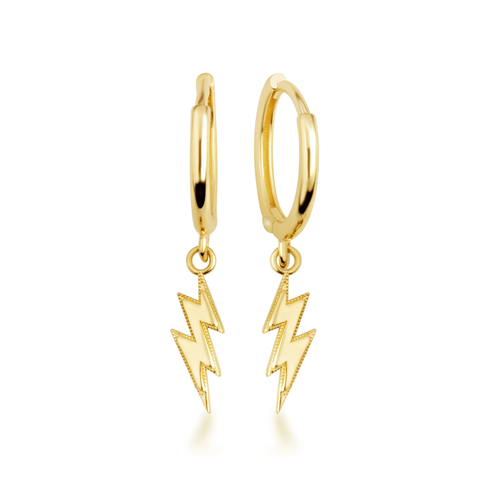 Yellow Gold Lightning Bolt Electric Milgrain Huggie Hoop Earrings