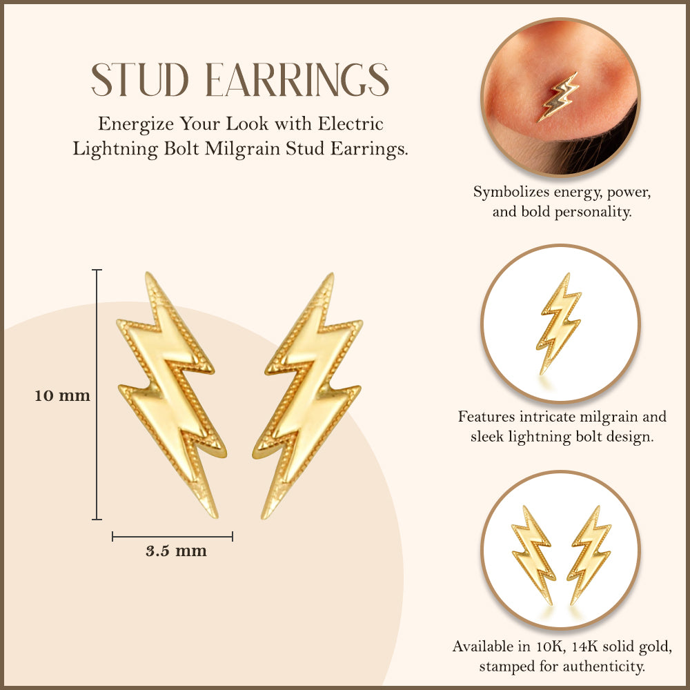 Yellow Gold Lightning Bolt Electric Milgrain Stud Earrings, view 3
