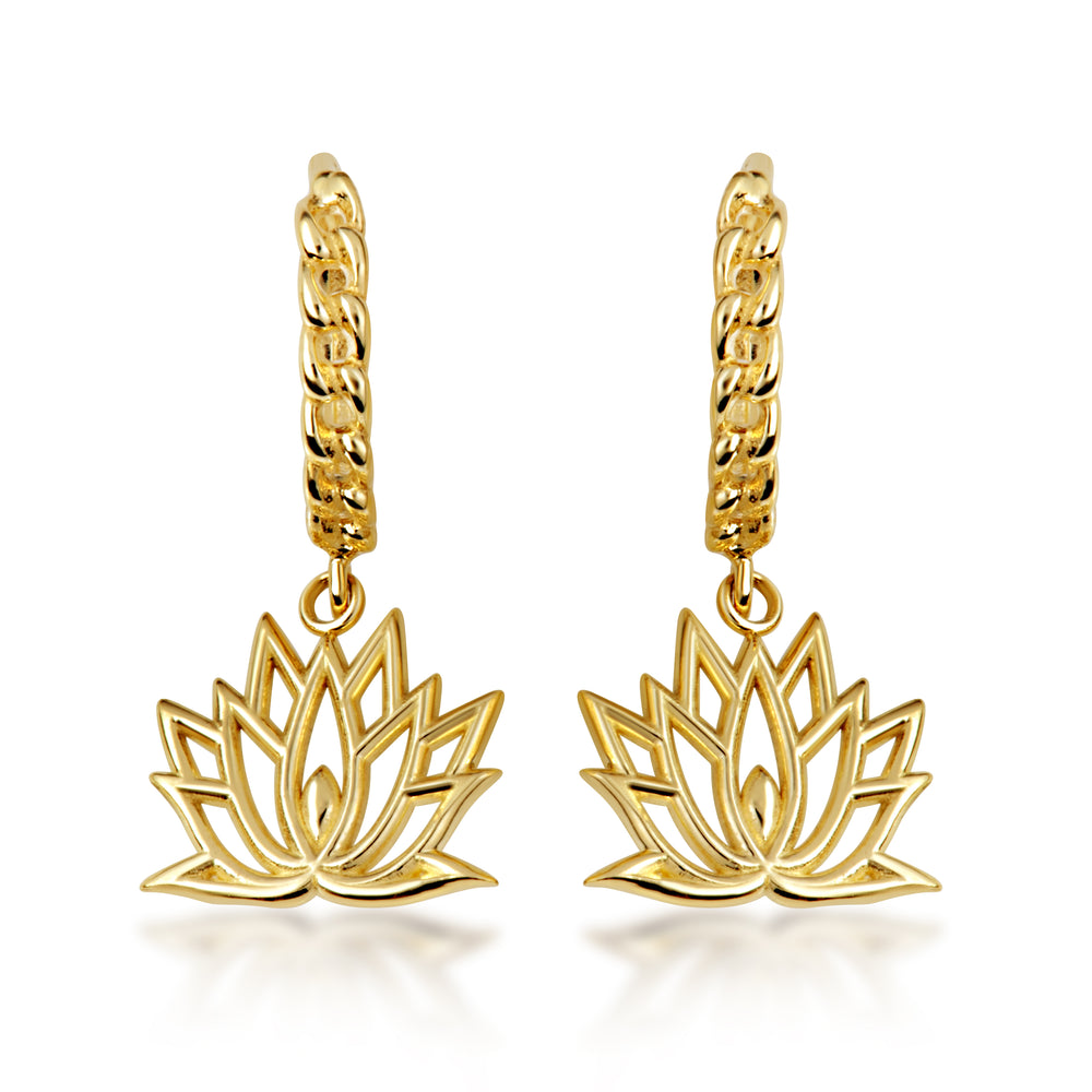 Yellow Gold Lotus Bloom Flower Cuban Link Huggie Hoop Earrings