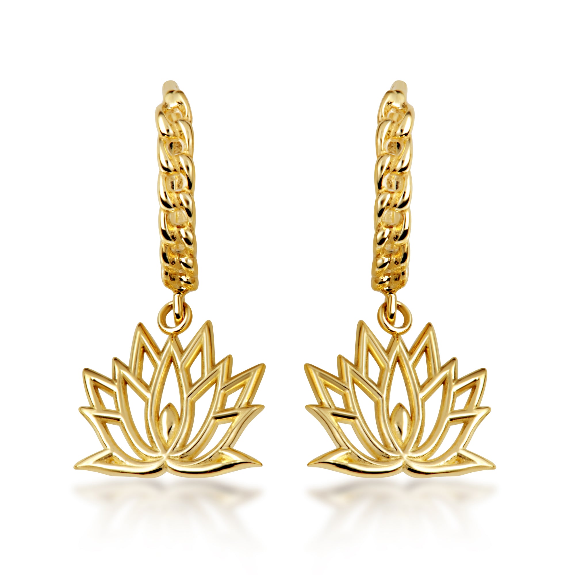 Yellow Gold Lotus Bloom Flower Cuban Link Huggie Hoop Earrings