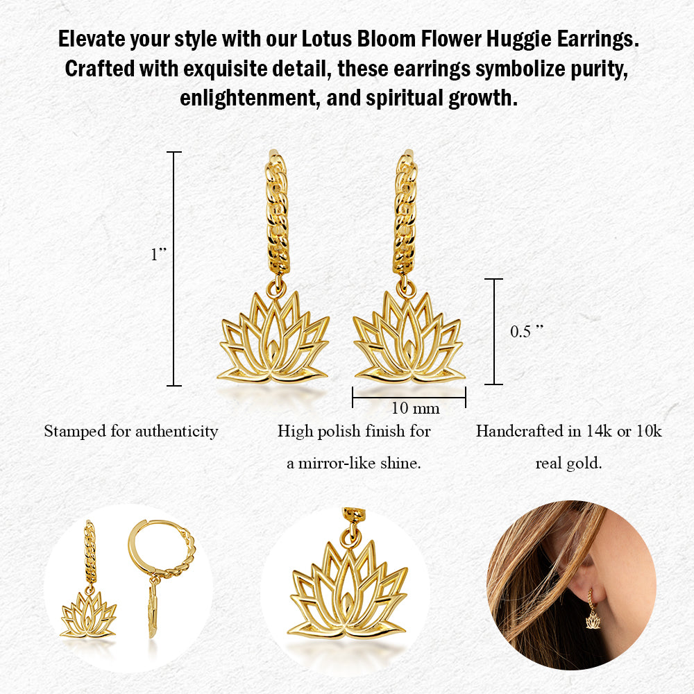 Yellow Gold Lotus Bloom Flower Cuban Link Huggie Hoop Earrings, view 3