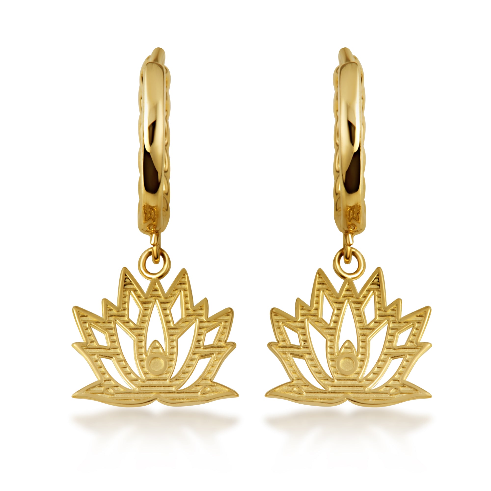 Yellow Gold Lotus Bloom Flower Cuban Link Huggie Hoop Earrings, view 4
