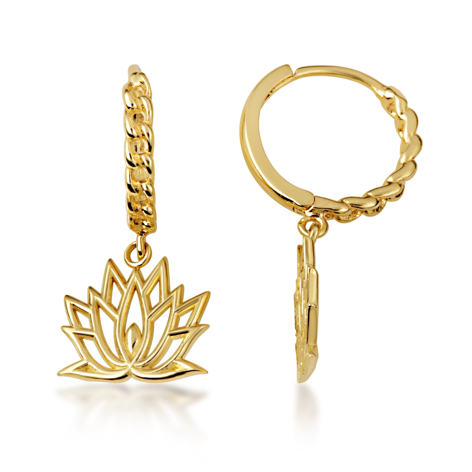 Yellow Gold Lotus Bloom Flower Cuban Link Huggie Hoop Earrings, view 5