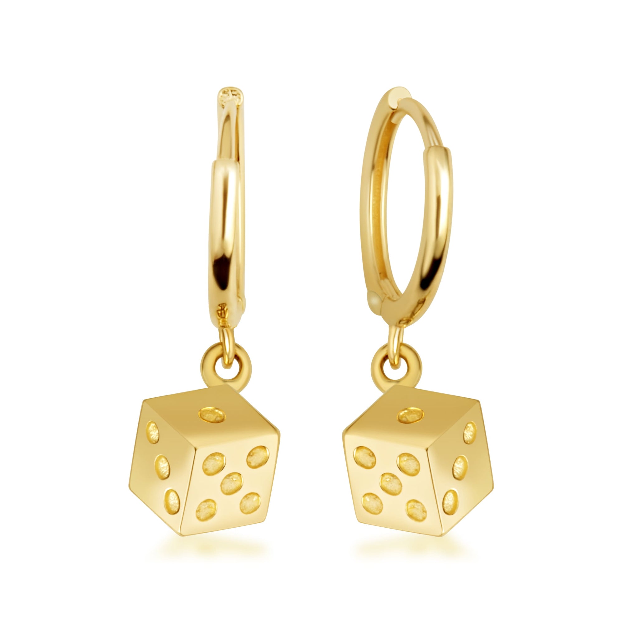 Yellow Gold Lucky Dice Drop Huggie Hoop Earrings