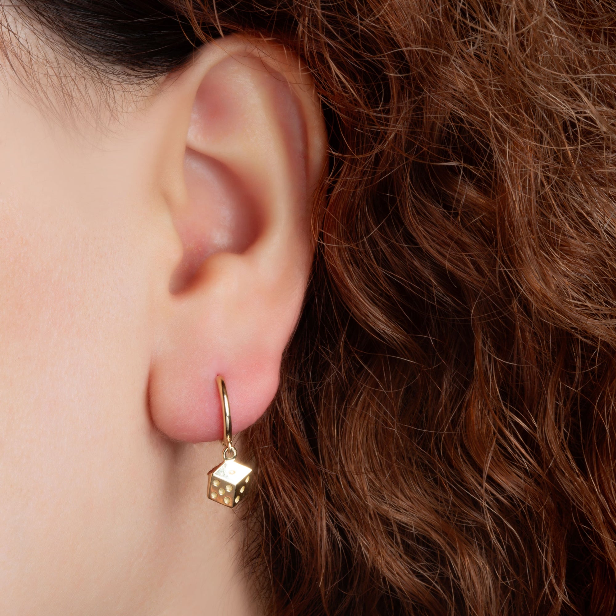 Yellow Gold Lucky Dice Drop Huggie Hoop Earrings, view 2