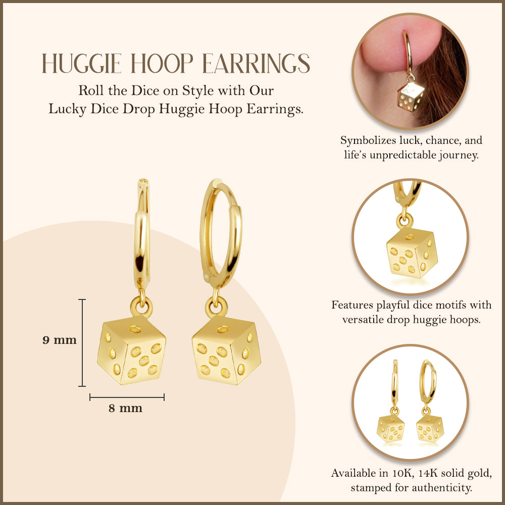 Yellow Gold Lucky Dice Drop Huggie Hoop Earrings, view 3