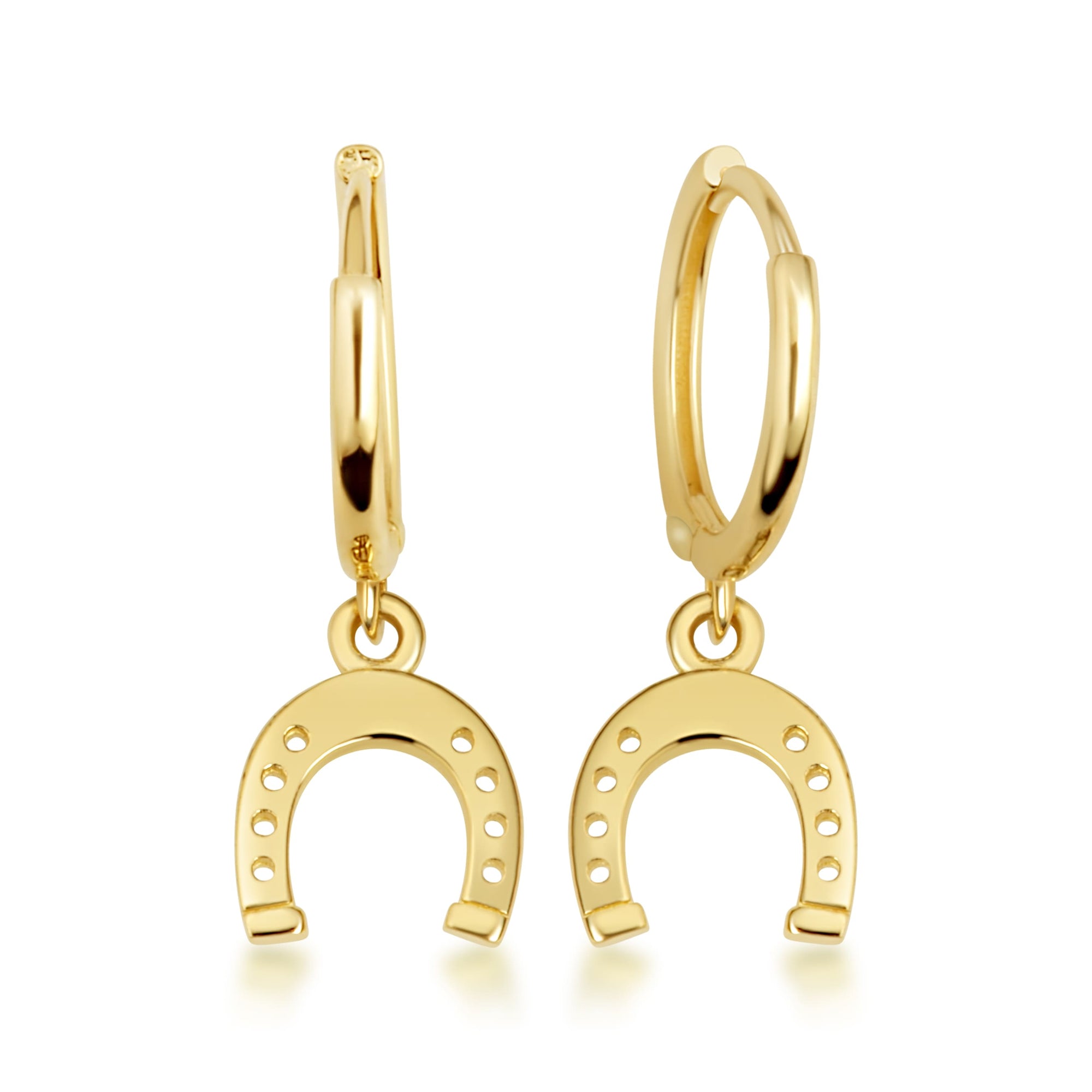 Yellow Gold Lucky Horseshoe Drop Huggie Hoop Earrings