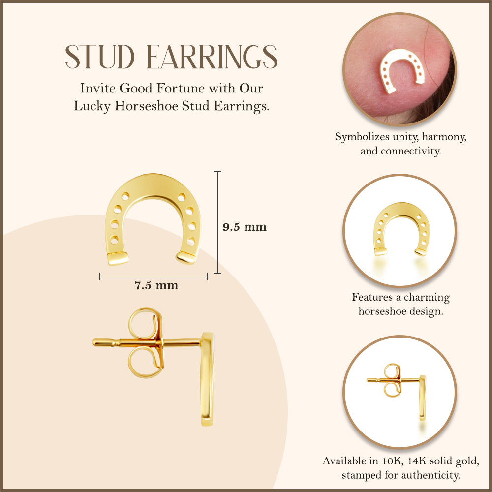 Yellow Gold Lucky Horseshoe Stud Earrings, view 3