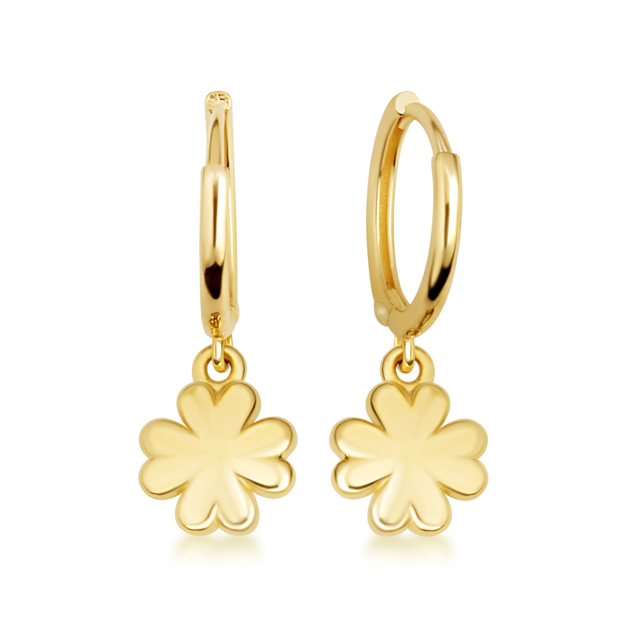 Yellow Gold Lucky Irish 4 Leaf Clover Drop Huggie Hoop Earrings