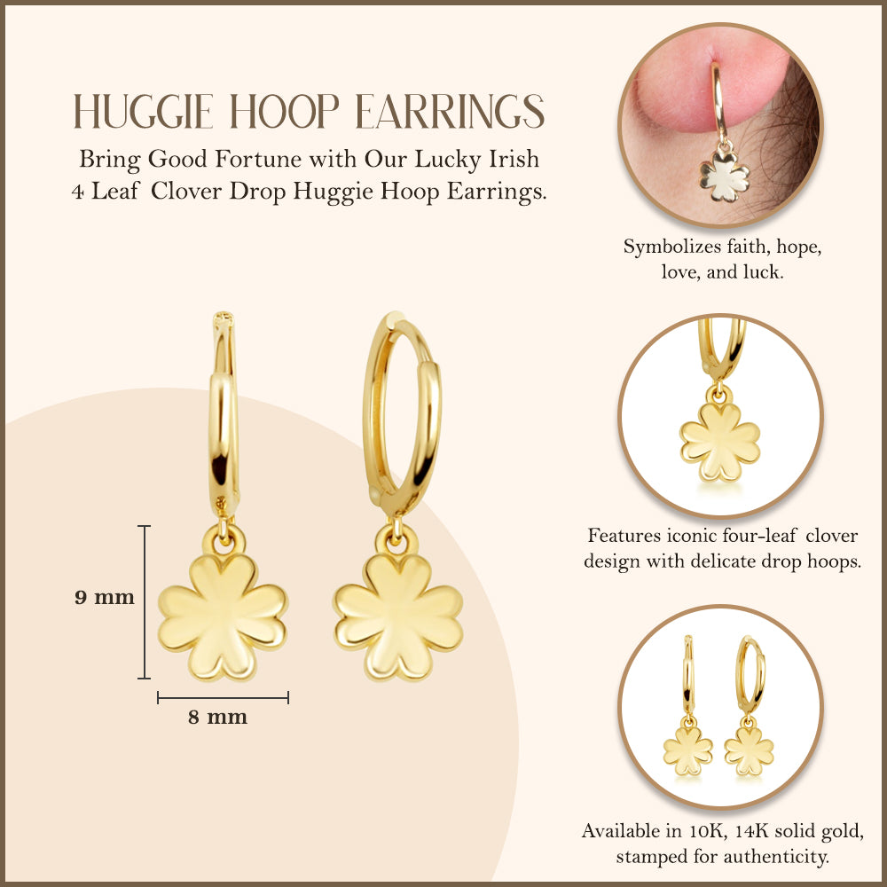 Yellow Gold Lucky Irish 4 Leaf Clover Drop Huggie Hoop Earrings, view 3