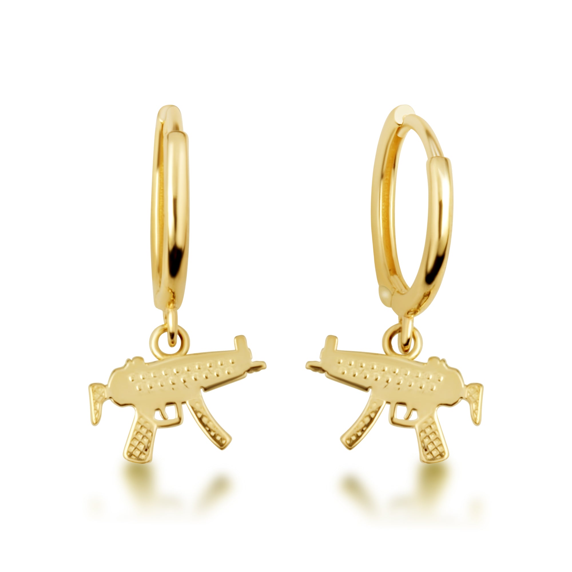 Yellow Gold Machine Gun Drop Huggie Hoop Earrings