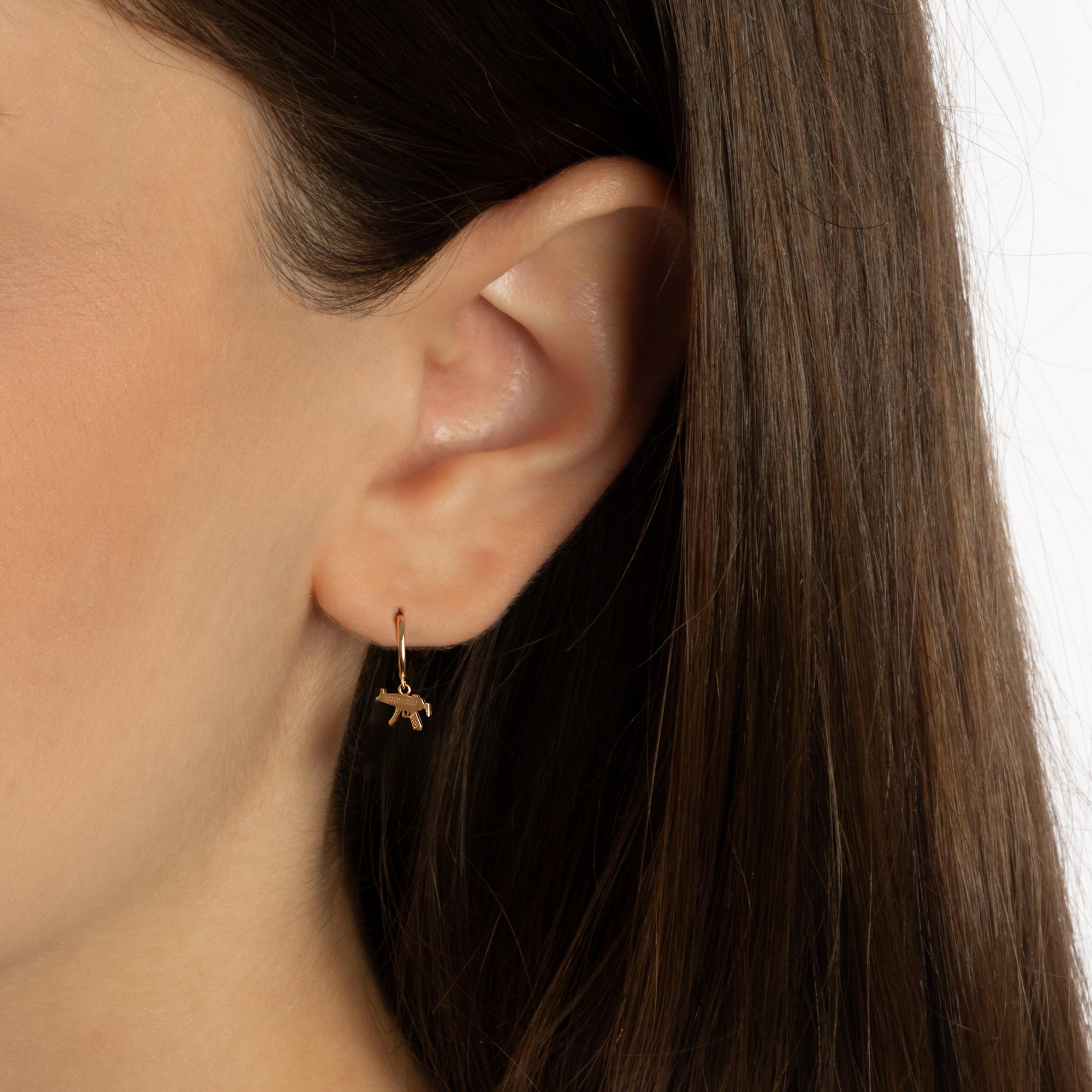 Yellow Gold Machine Gun Drop Huggie Hoop Earrings, view 2