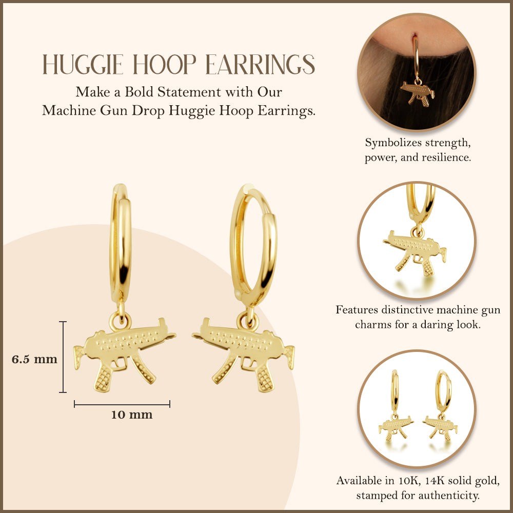 Yellow Gold Machine Gun Drop Huggie Hoop Earrings, view 3