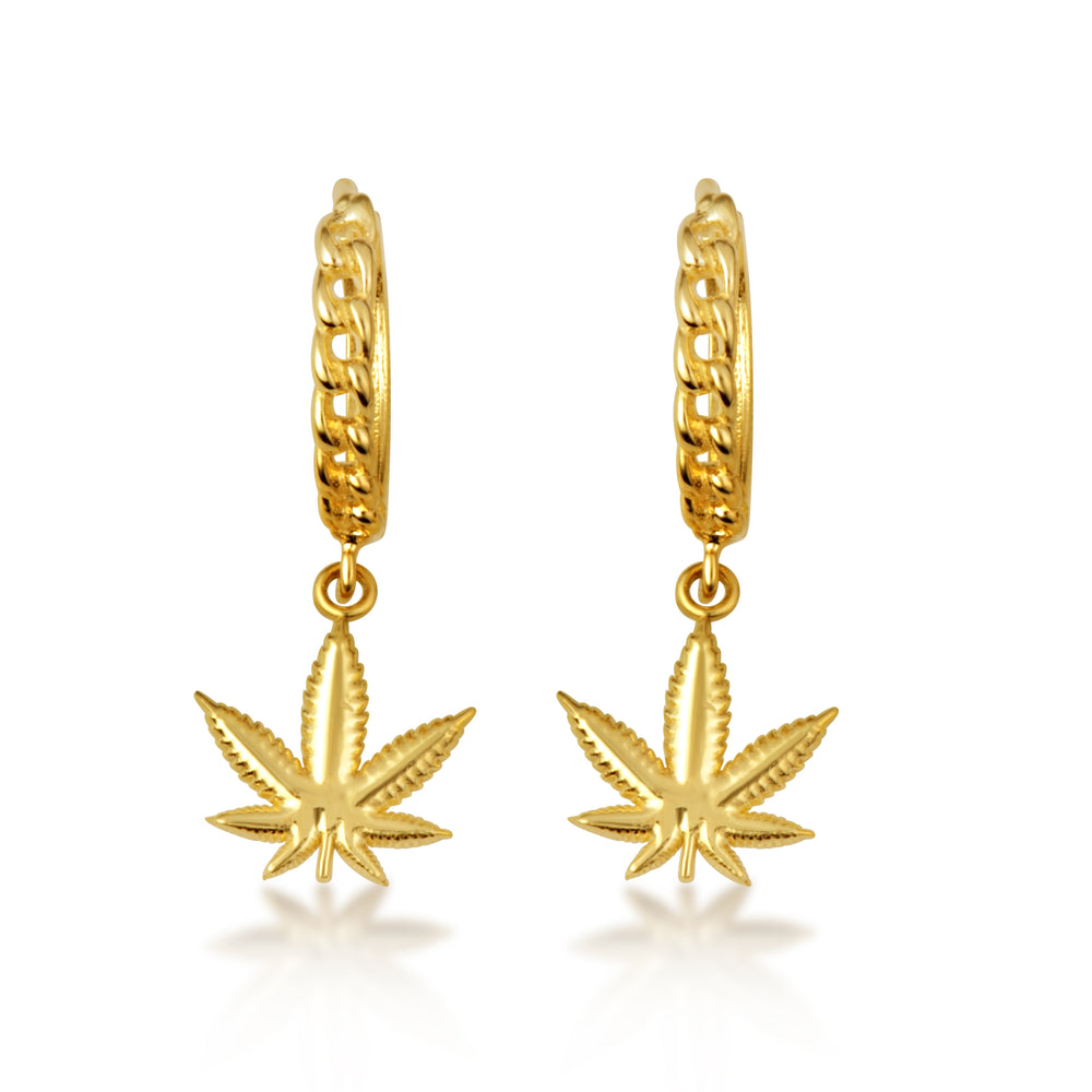 Yellow Gold Marijuana Leaf Cannabis Cuban Link Huggie Hoop Earrings