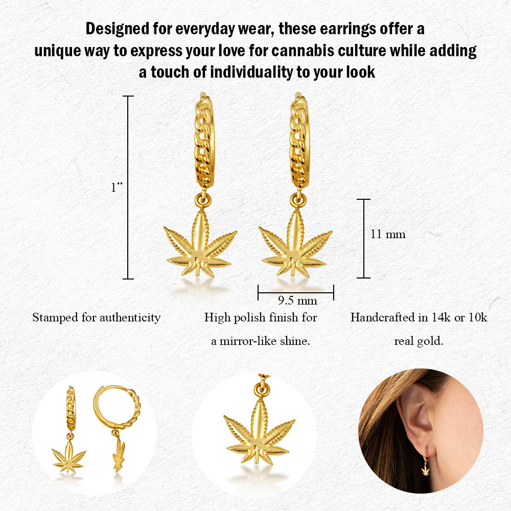 Yellow Gold Marijuana Leaf Cannabis Cuban Link Huggie Hoop Earrings, view 3