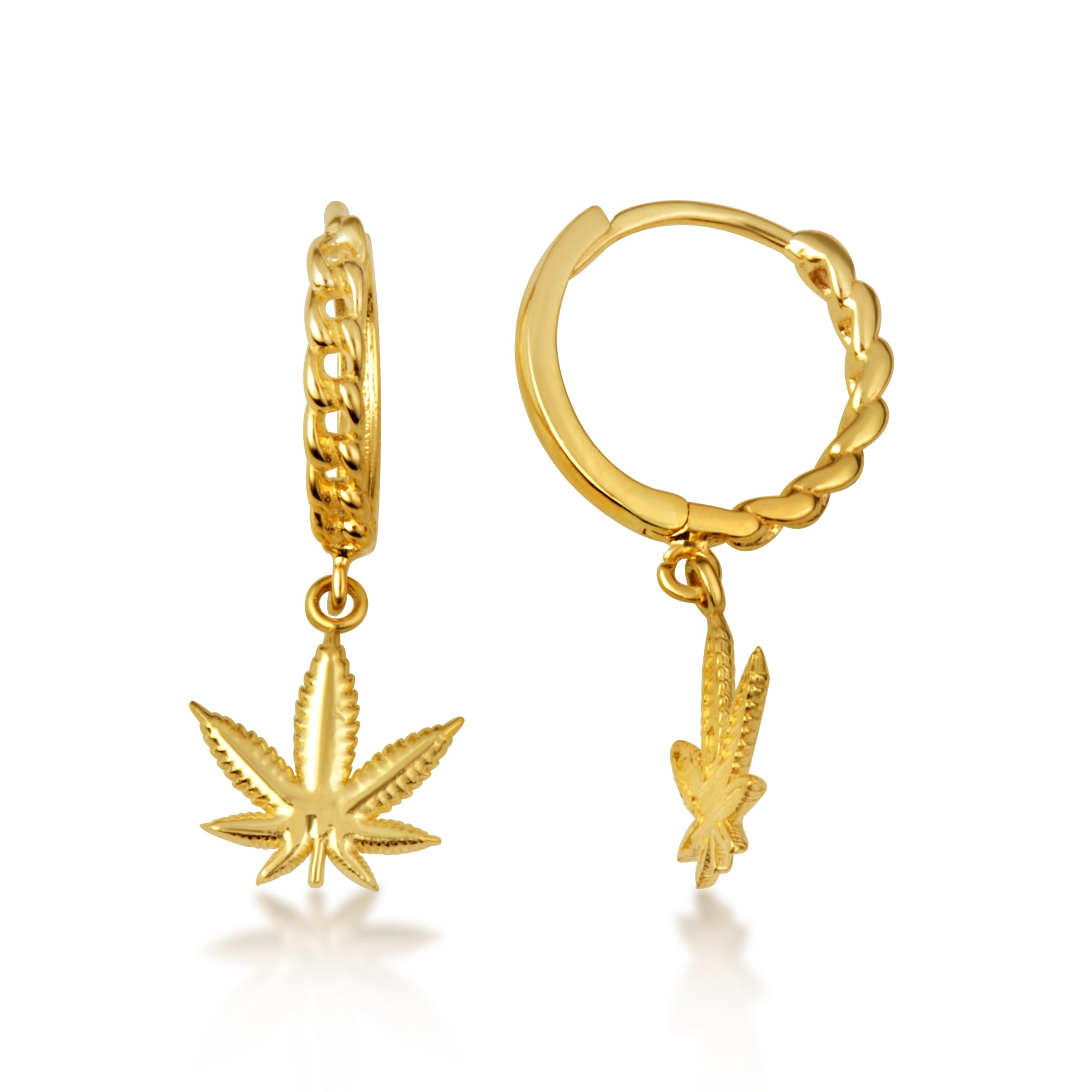Yellow Gold Marijuana Leaf Cannabis Cuban Link Huggie Hoop Earrings, view 4