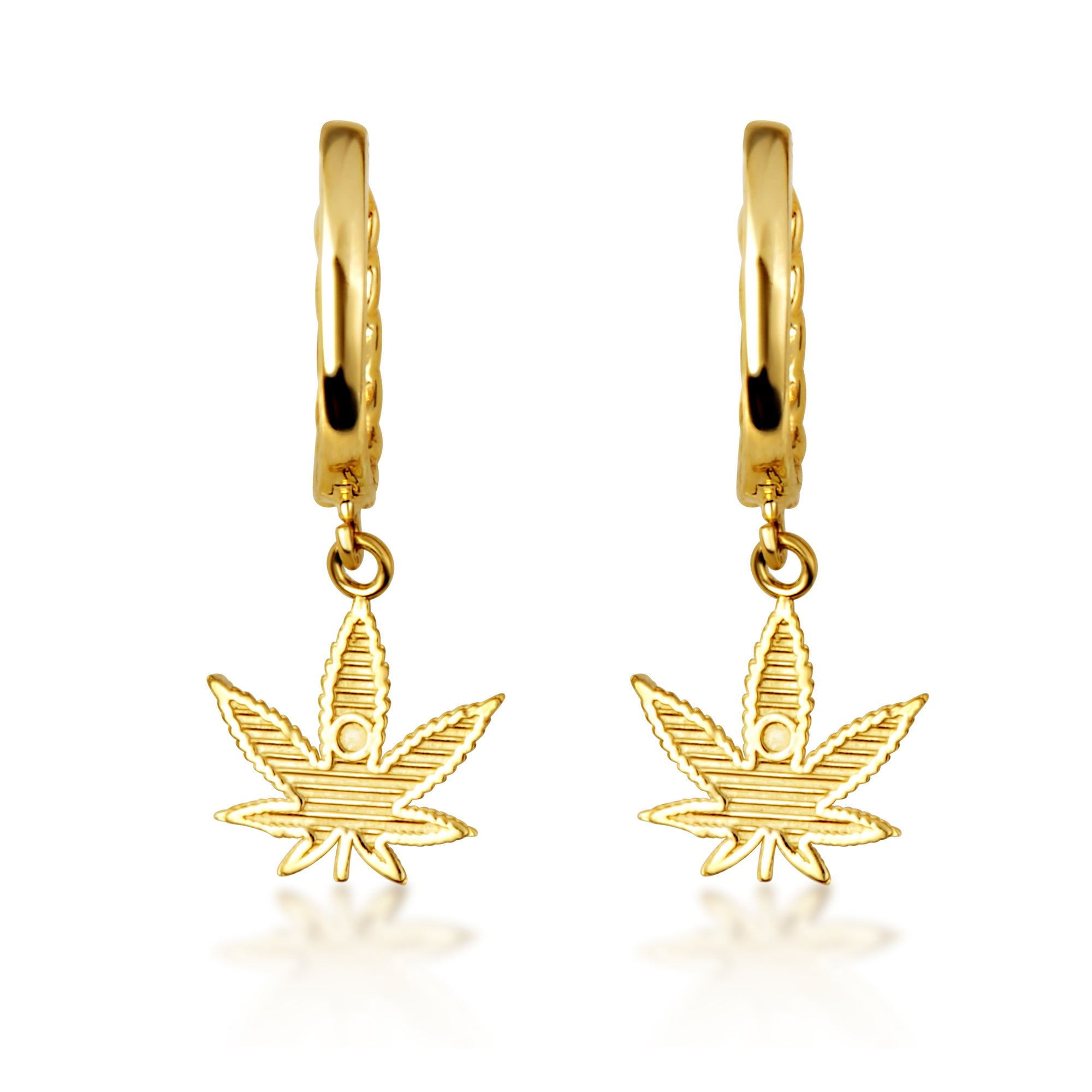 Yellow Gold Marijuana Leaf Cannabis Cuban Link Huggie Hoop Earrings, view 5