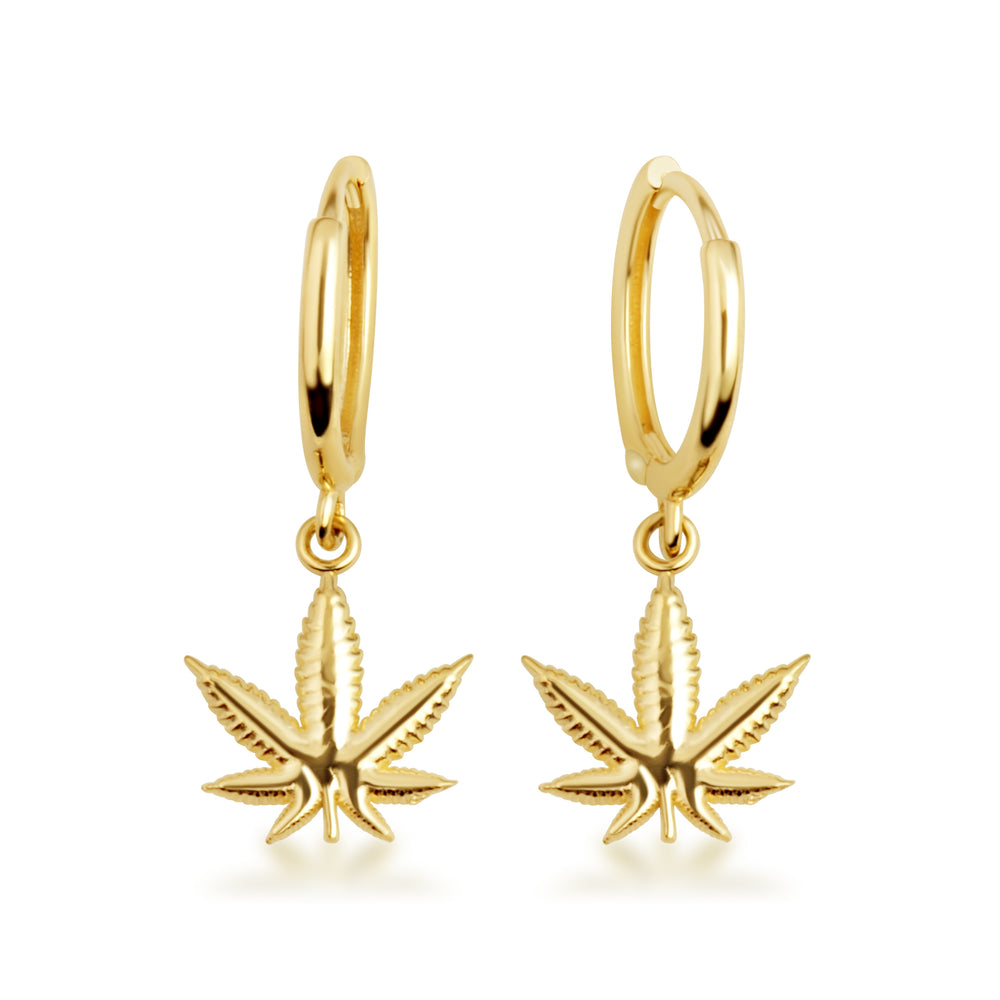 Yellow Gold Marijuana Weed Leaf Drop Huggie Hoop Earrings