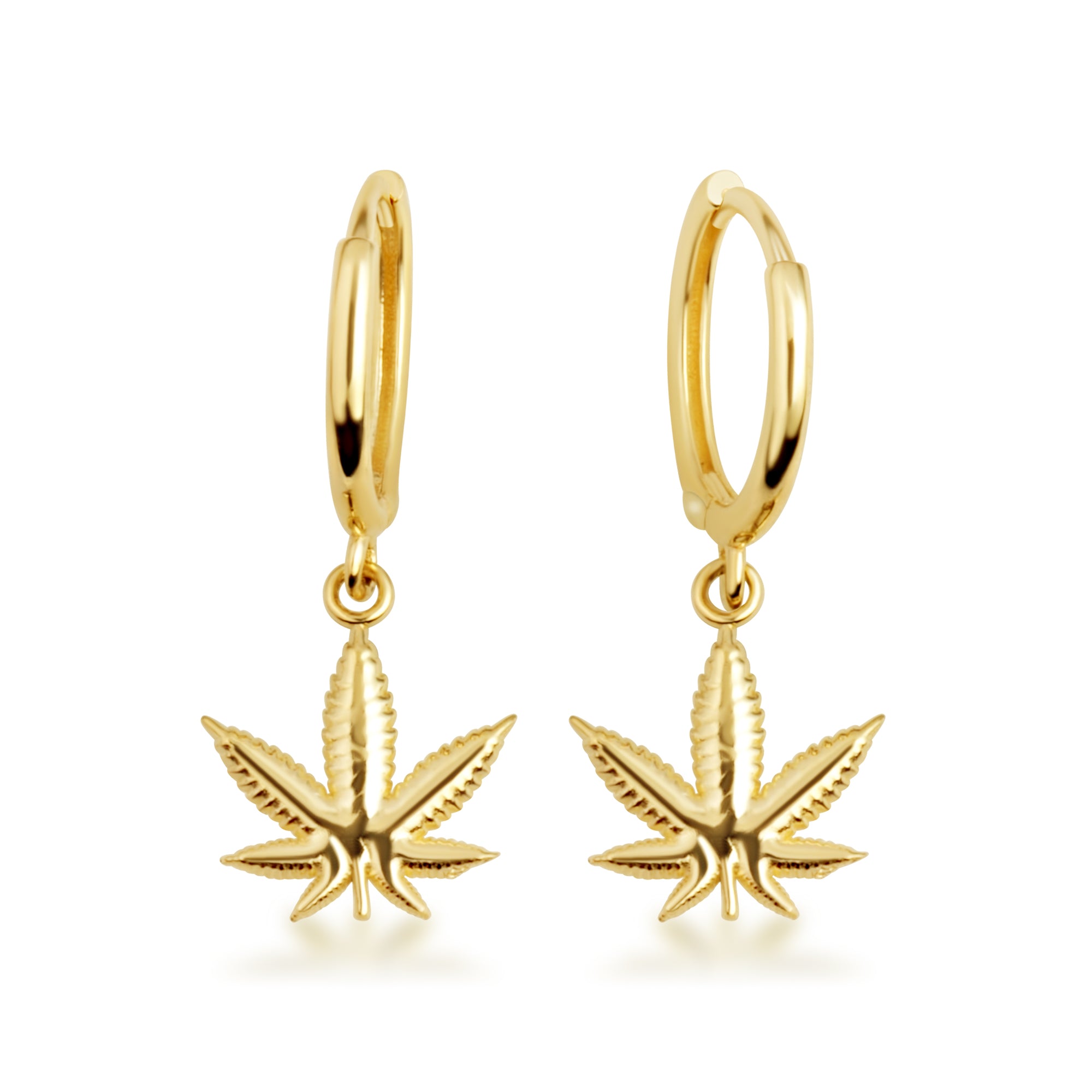 Yellow Gold Marijuana Weed Leaf Drop Huggie Hoop Earrings