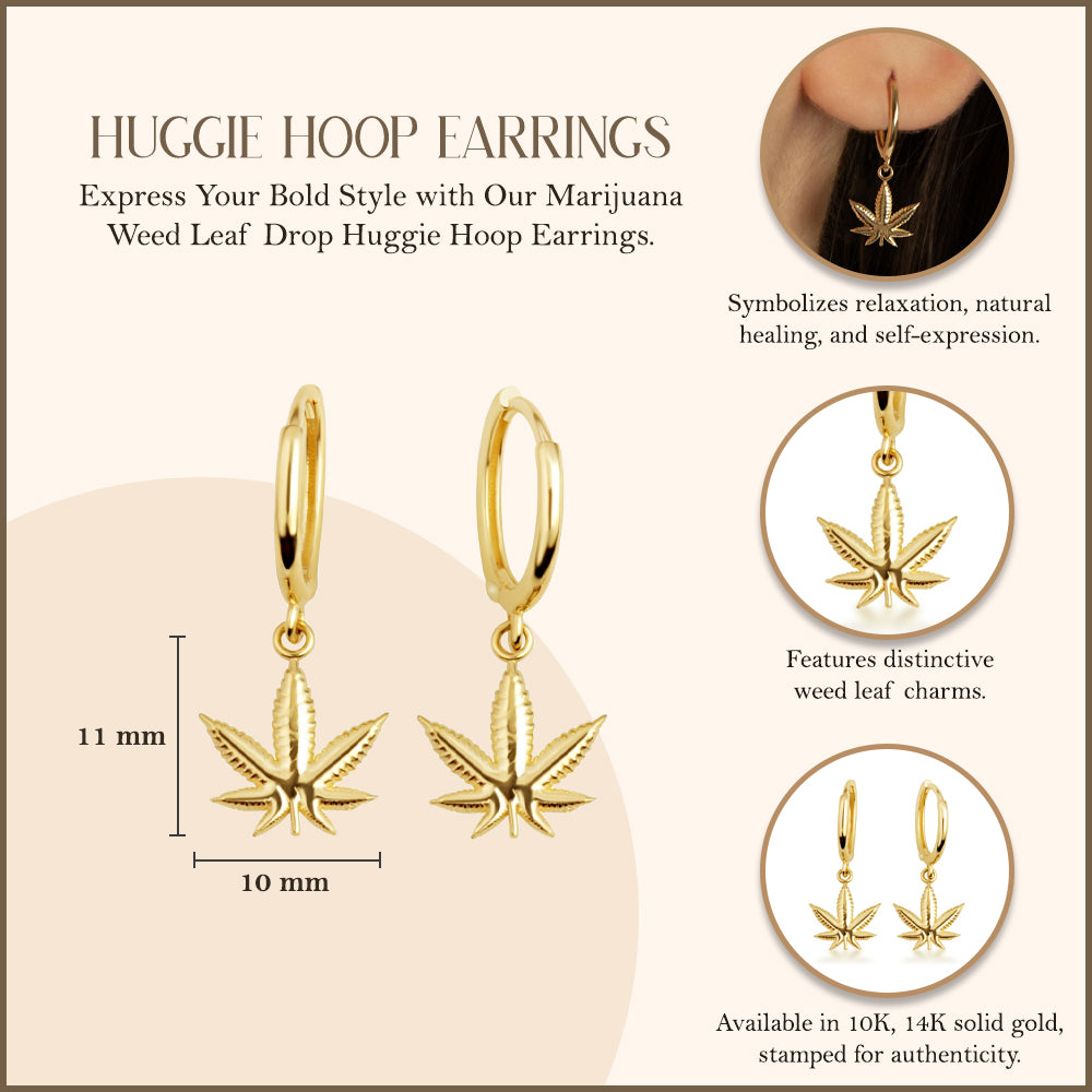 Yellow Gold Marijuana Weed Leaf Drop Huggie Hoop Earrings, view 3