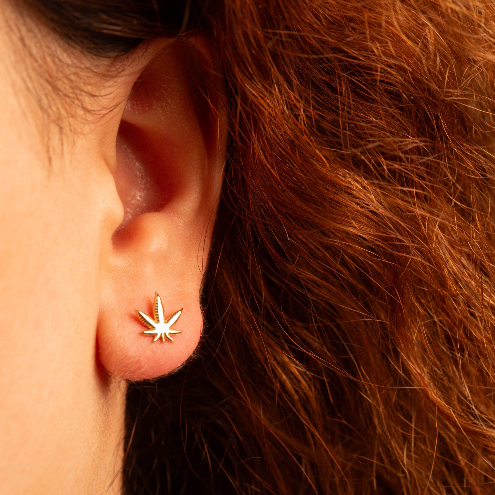 Yellow Gold Marijuana Weed Leaf Stud Earrings, view 2
