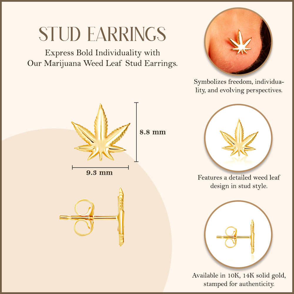 Yellow Gold Marijuana Weed Leaf Stud Earrings, view 3
