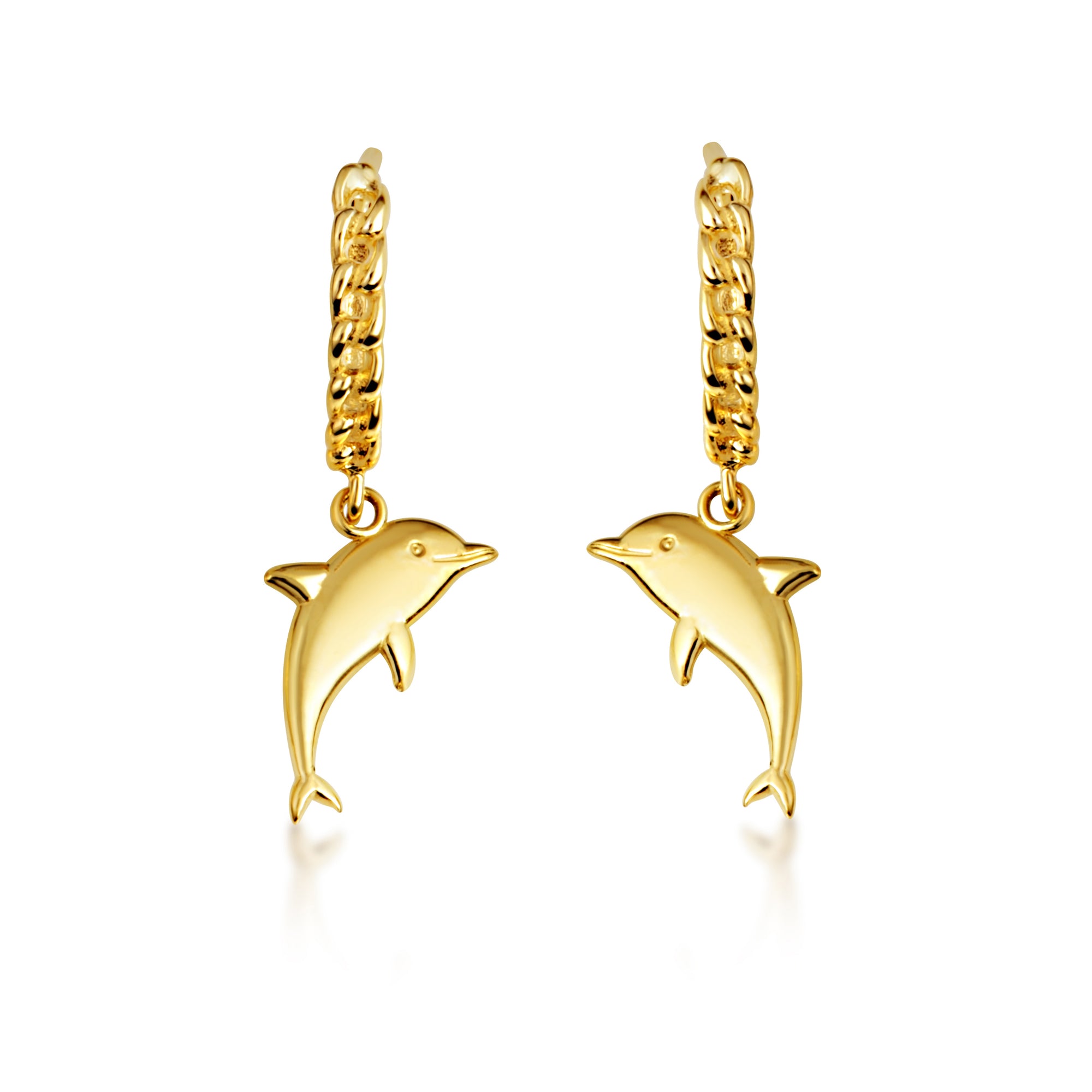 Yellow Gold Marine Dolphin Cuban Link Huggie Hoop Earrings