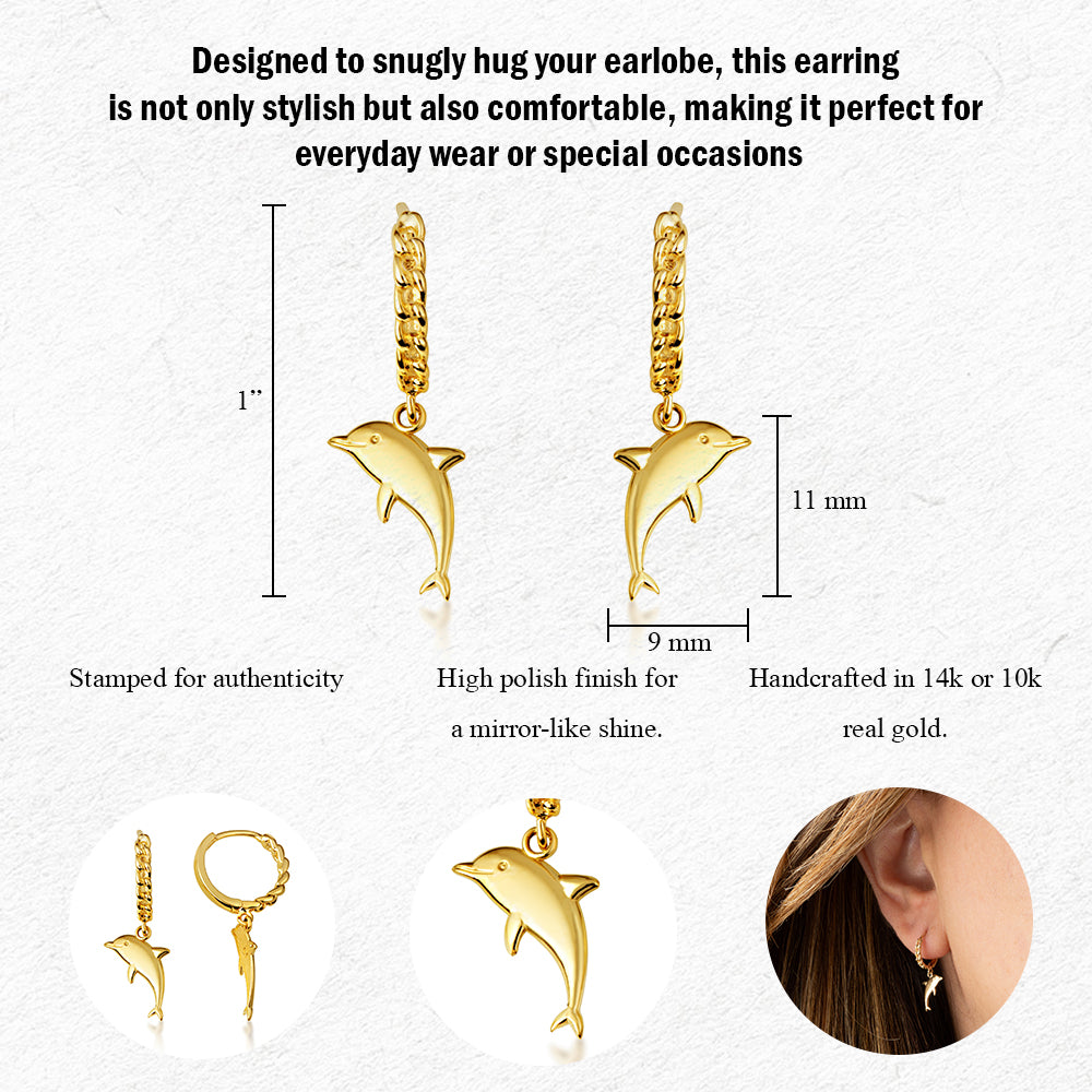 Yellow Gold Marine Dolphin Cuban Link Huggie Hoop Earrings, view 3