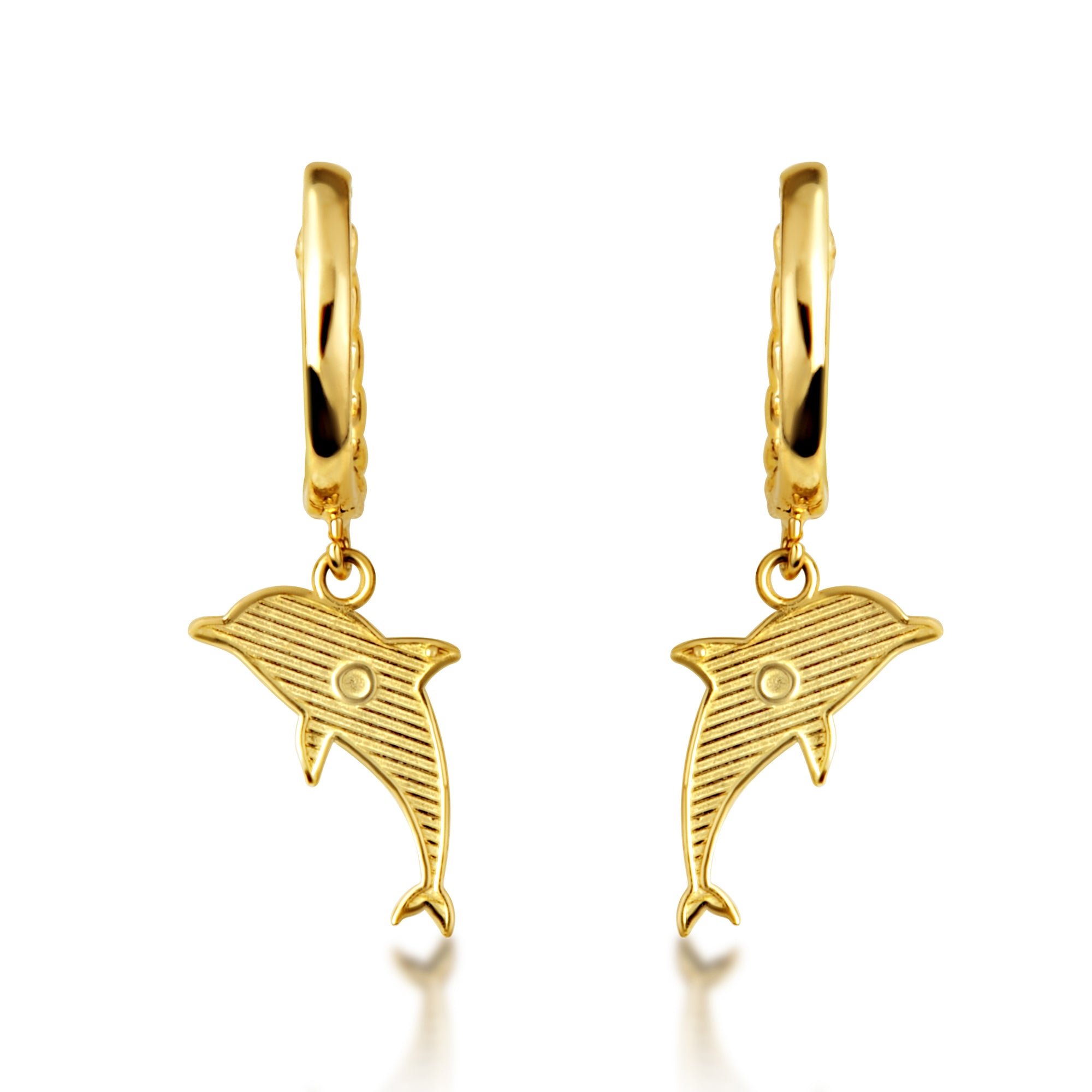 Yellow Gold Marine Dolphin Cuban Link Huggie Hoop Earrings, view 4