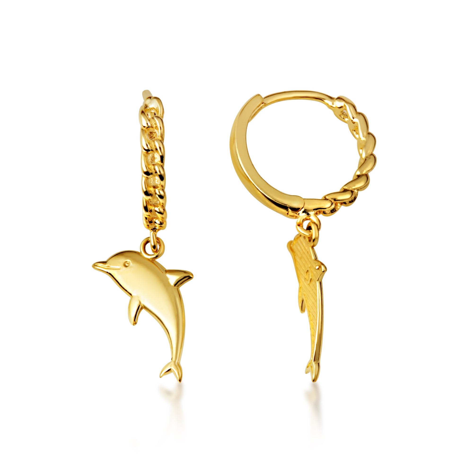 Yellow Gold Marine Dolphin Cuban Link Huggie Hoop Earrings, view 5