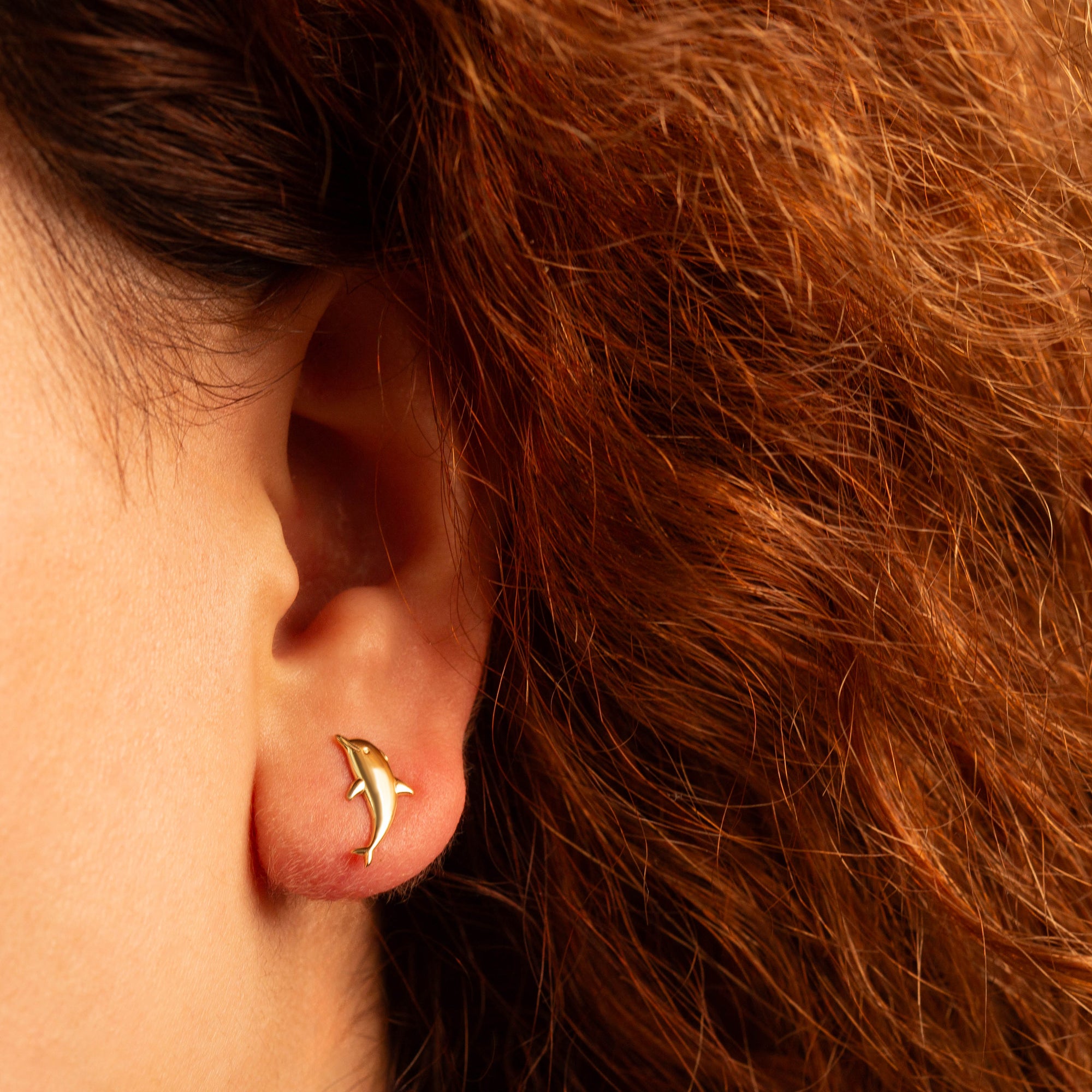 Yellow Gold Marine Dolphin Stud Earrings, view 2