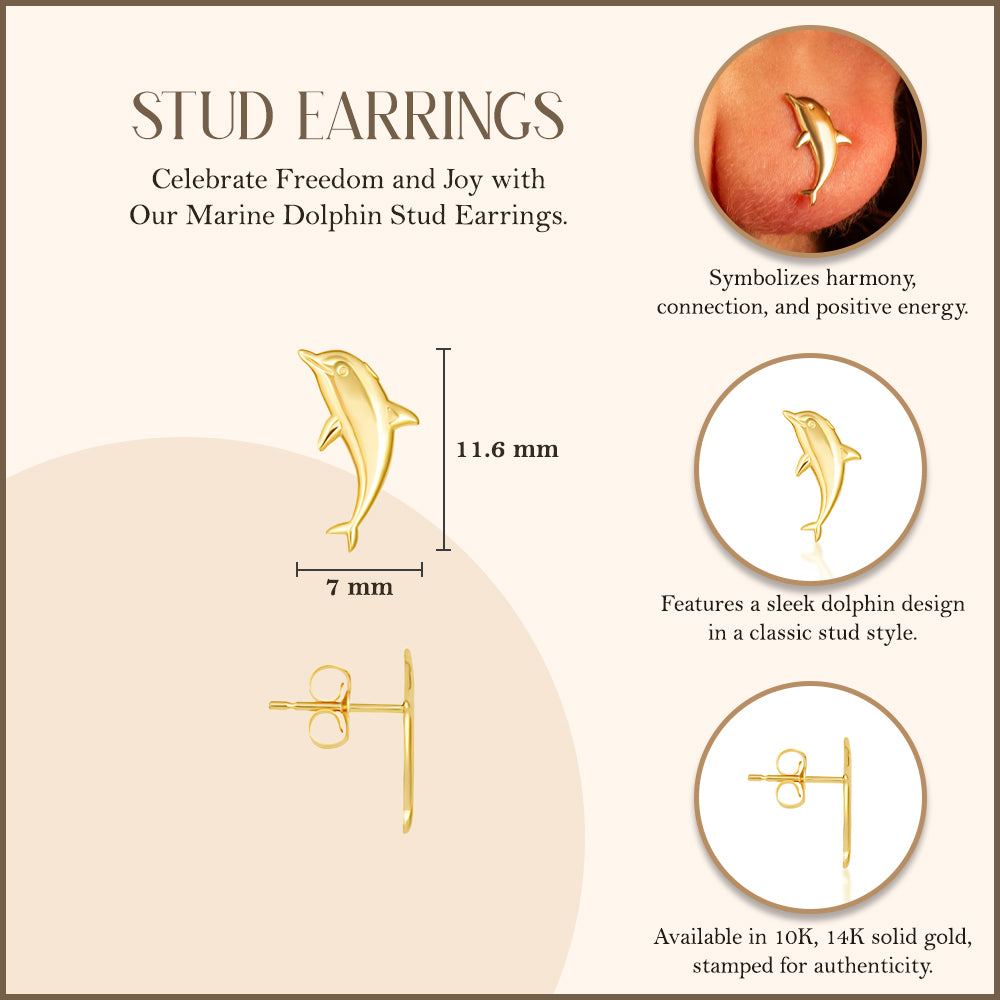 Yellow Gold Marine Dolphin Stud Earrings, view 3