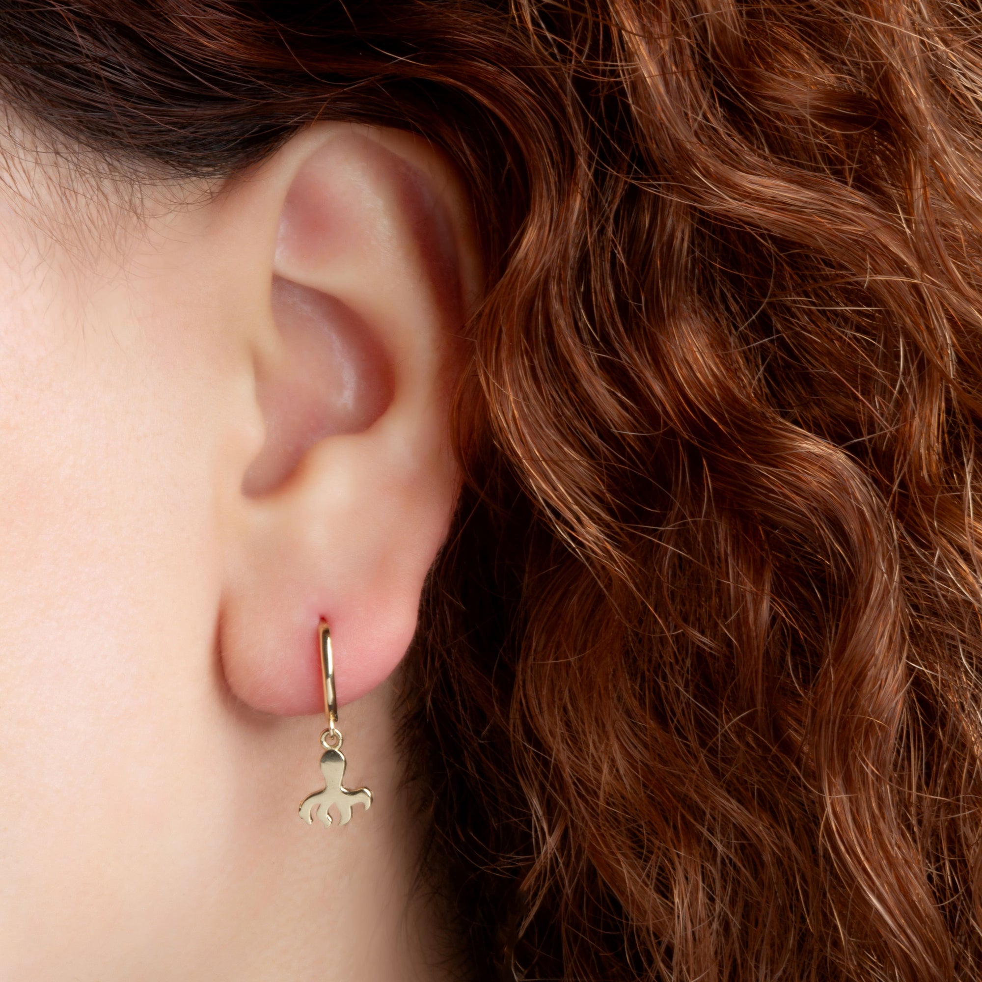 Yellow Gold Marine Octopus Ocean Drop Huggie Hoop Earrings, view 2