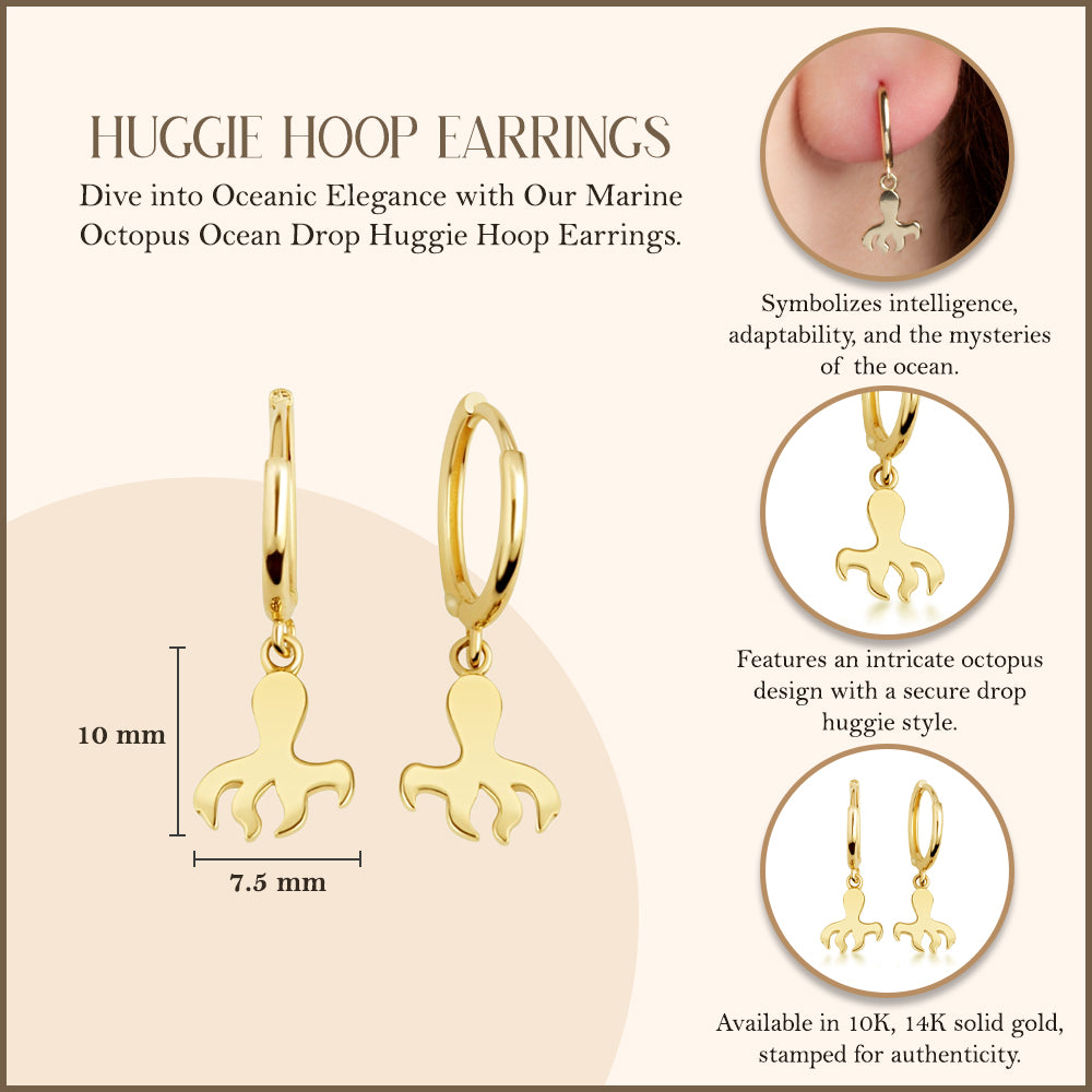 Yellow Gold Marine Octopus Ocean Drop Huggie Hoop Earrings, view 3